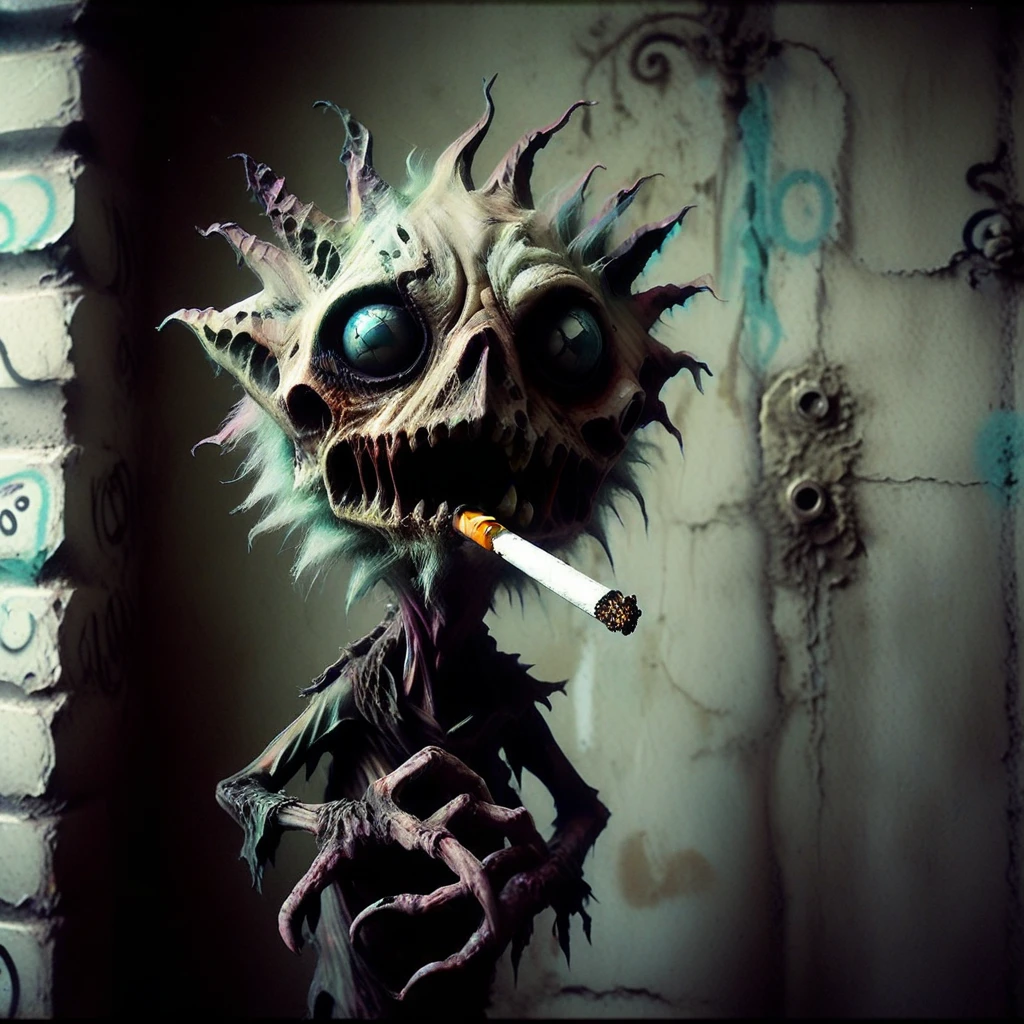cigarette creature,Tim Burton+Brom+Henson+Ito Style meshed, hyperstylized, hyper surreal graffiti style, focus clarity, moody lighting, Best HD, High Resolution, horror fantasy 