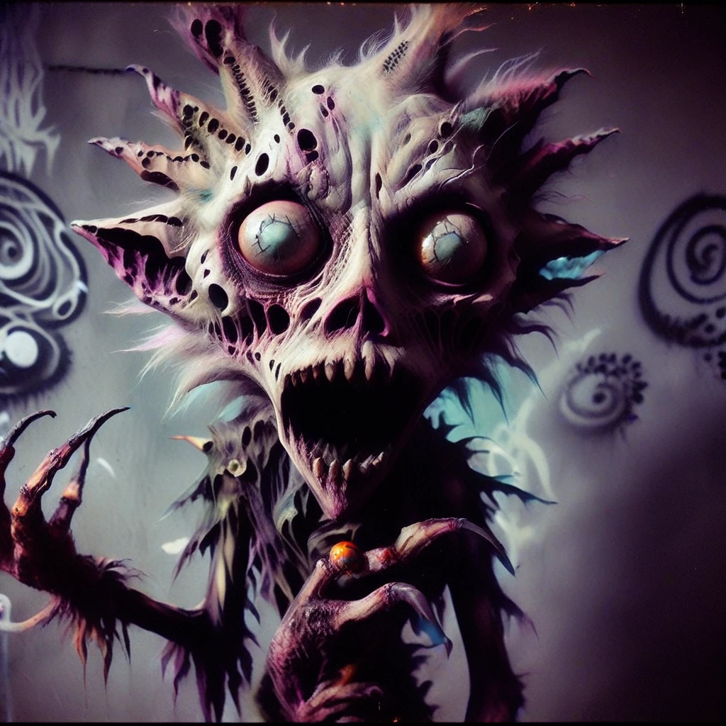 cigarette creature,Tim Burton+Brom+Henson+Ito Style meshed, hyperstylized, hyper surreal graffiti style, focus clarity, moody lighting, Best HD, High Resolution, horror fantasy