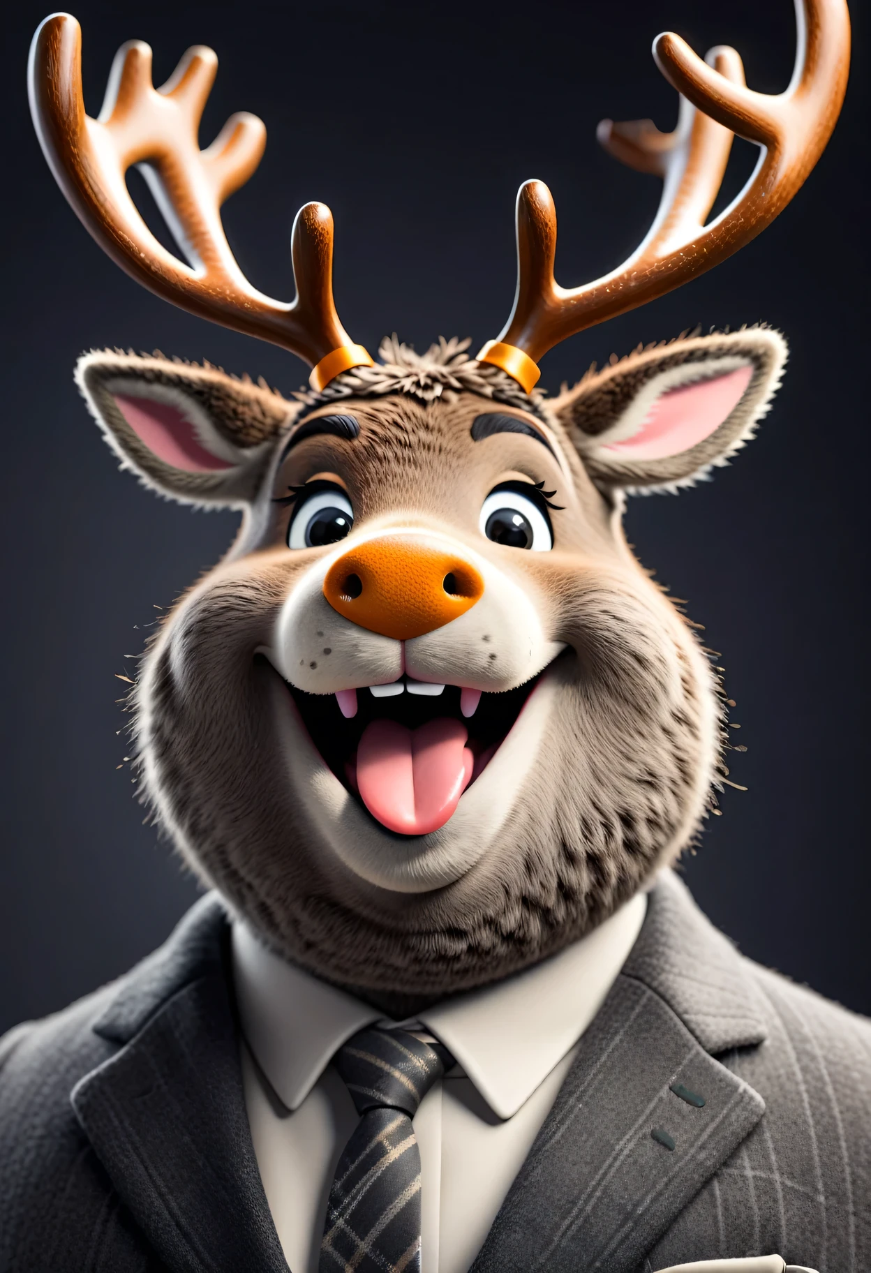 face close up photo of anthropomorphic fat reindeer,(furry), dressed in a dark gray suit, (sticking out tongue:1.5),(happy smile:1.5),(playful:1.2), soft lighting, Cinematic, hdr, primitive, Intricate, High quality, smoothing tones, Intricate details, Low contrast,(viewed from side:2.0), (looking at viwer:1.5), simple background