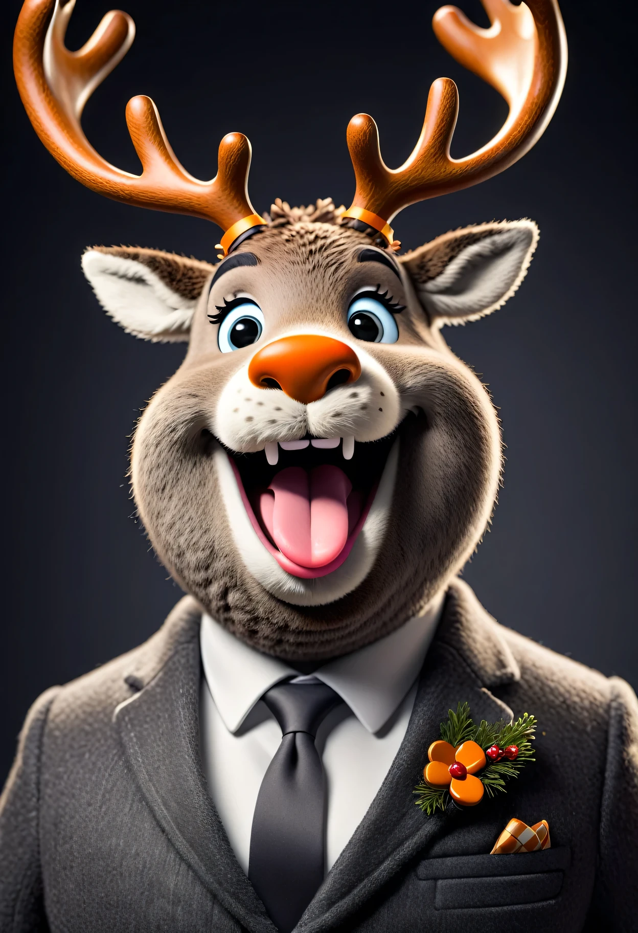 face close up photo of anthropomorphic fat reindeer,(furry), dressed in a dark gray suit, (sticking out tongue:1.5),(happy smile:1.5),(playful:1.2), soft lighting, Cinematic, hdr, primitive, Intricate, High quality, smoothing tones, Intricate details, Low contrast,(viewed from side:2.0), (looking at viwer:1.5), simple background