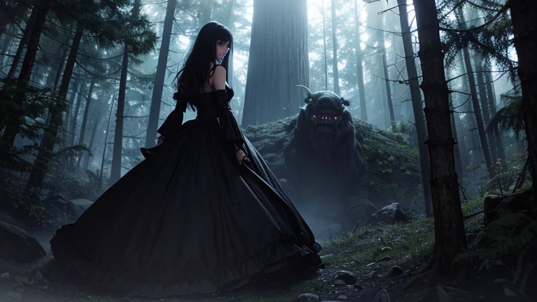(mujer monstruosa, Llevando una capucha negra, vestido negro),insertando un bosque  surrealista, with dark and mysterious atmosphere, creating a feeling of tension and anticipation,[sonidos siniestros], [sombras espeluznantes], [presencia inquietante:1.2],[arboles sobrenaturales],[ambiente ominoso],[Inquietantemente hermoso],colores intensos, Twisted and distorted features, detalles extraordinarios,[(mejor calidad,4k,8K,high resolution, obra maestra:1.2),ultra detallado,(realista,photosurrealista,photo-surrealista:1.37)],[mystical illumination],[surrealista art style], [aura siniestra],[siniestra figura encapuchada], [arte oscuro y retorcido], [Entidad sobrenatural],[Phantasmagorical scene],[vibraciones misteriosas], [dark fantasy], [paisaje inquietante y oscuro], [elegant horror],[Narrativa de suspenso], [Enigmatic character],[Intenciones siniestras],[haunting composition]