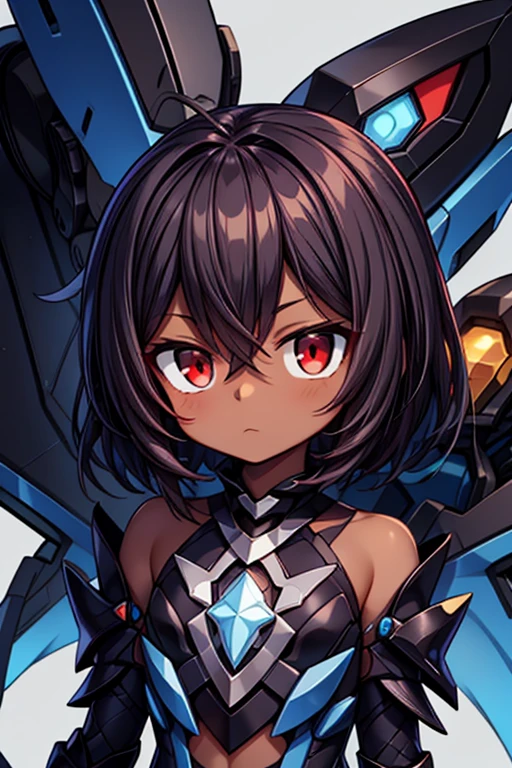 (((dark skin tone))),dark skin male, femboy, dark skin, cute shota,red eyes, blue mecha hairpin, dark brown hair medium hair,wearing a black exoskeleton, detached sleeves, blue mecha Gauntlets, black full bodysuit, honkai impact herrscher of reason,full armour mecha_musame,Elsword, orange gem on chest, close up