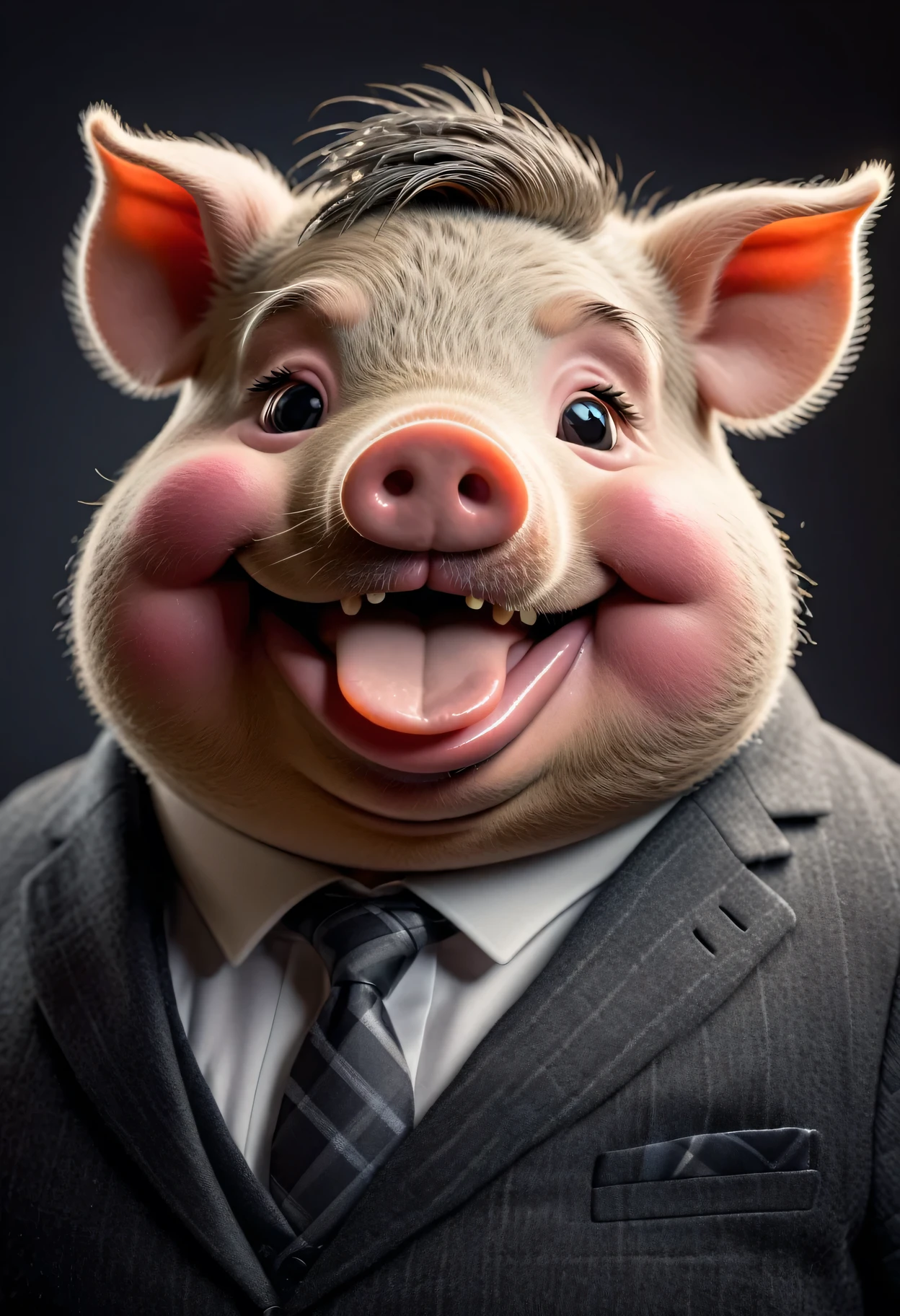 face close up photo of anthropomorphic fat pig,(furry), dressed in a dark gray suit, (sticking out tongue:1.5),(happy smile:1.5),(playful:1.2), soft lighting, Cinematic, hdr, primitive, Intricate, High quality, smoothing tones, Intricate details, Low contrast,(viewed from side:2.0), (looking at viwer:1.5), simple background
