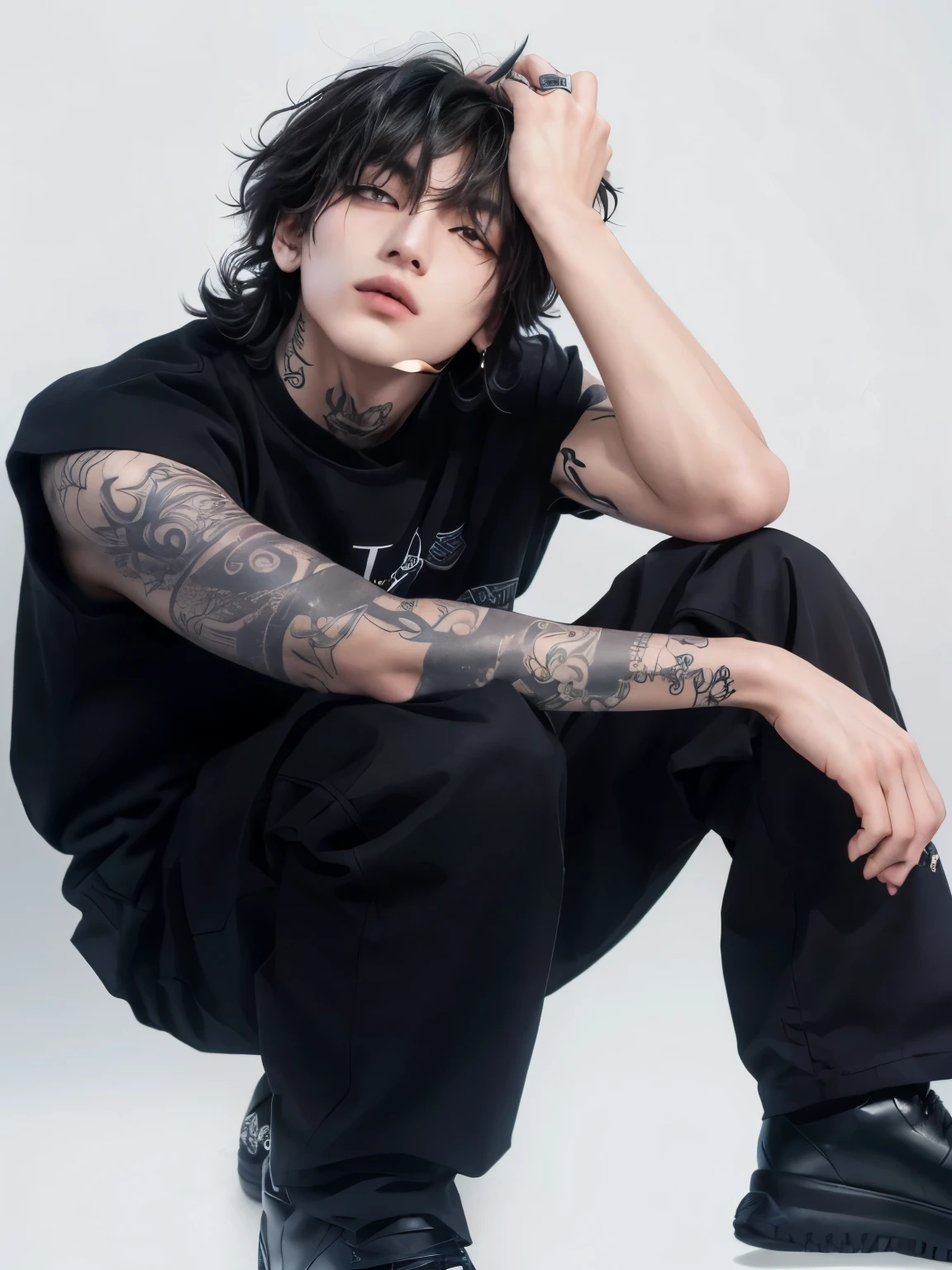 arafed man con tatuajes sitting on the ground with his hand on his head, cai xukun, con tatuajes, androgynous person, photograph of a sleeve tattoo, androgynous male, foto de cuerpo completo, jinyoung shin, pintar ulzzang, androgynous, manga del tatuaje en su brazo derecho, kim taejin, tatuado, hyung tae, Finn Wolfhard