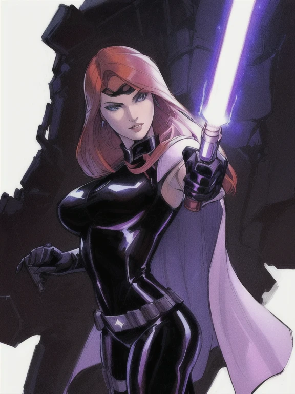 a drawing of a woman in a black suit holding a light saber, mara jade, mara jade skywalker, john watkiss, j. scott campbell, female redhead templar, j scott campbell, wearing black sith uniform, black widow, jaina solo, chris moore. artgerm, an imperial agent from star wars, adam hughes