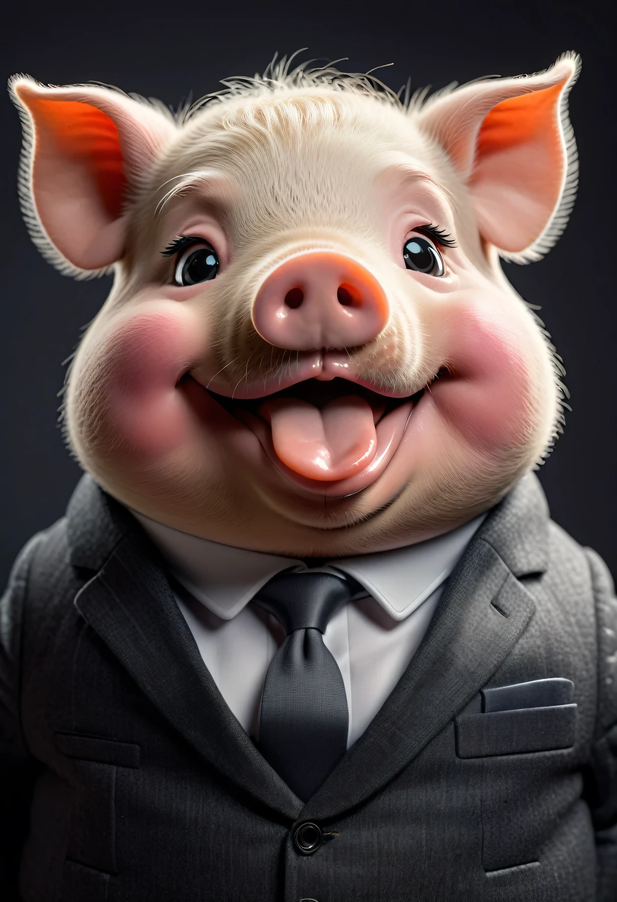face close up photo of anthropomorphic fat cute pig,(furry), dressed in a dark gray suit, (sticking out tongue:1.5),(happy smile:1.5),(playful:1.2), soft lighting, Cinematic, hdr, primitive, Intricate, High quality, smoothing tones, Intricate details, Low contrast,(viewed from side:2.0), (looking at viwer:1.5), simple background
