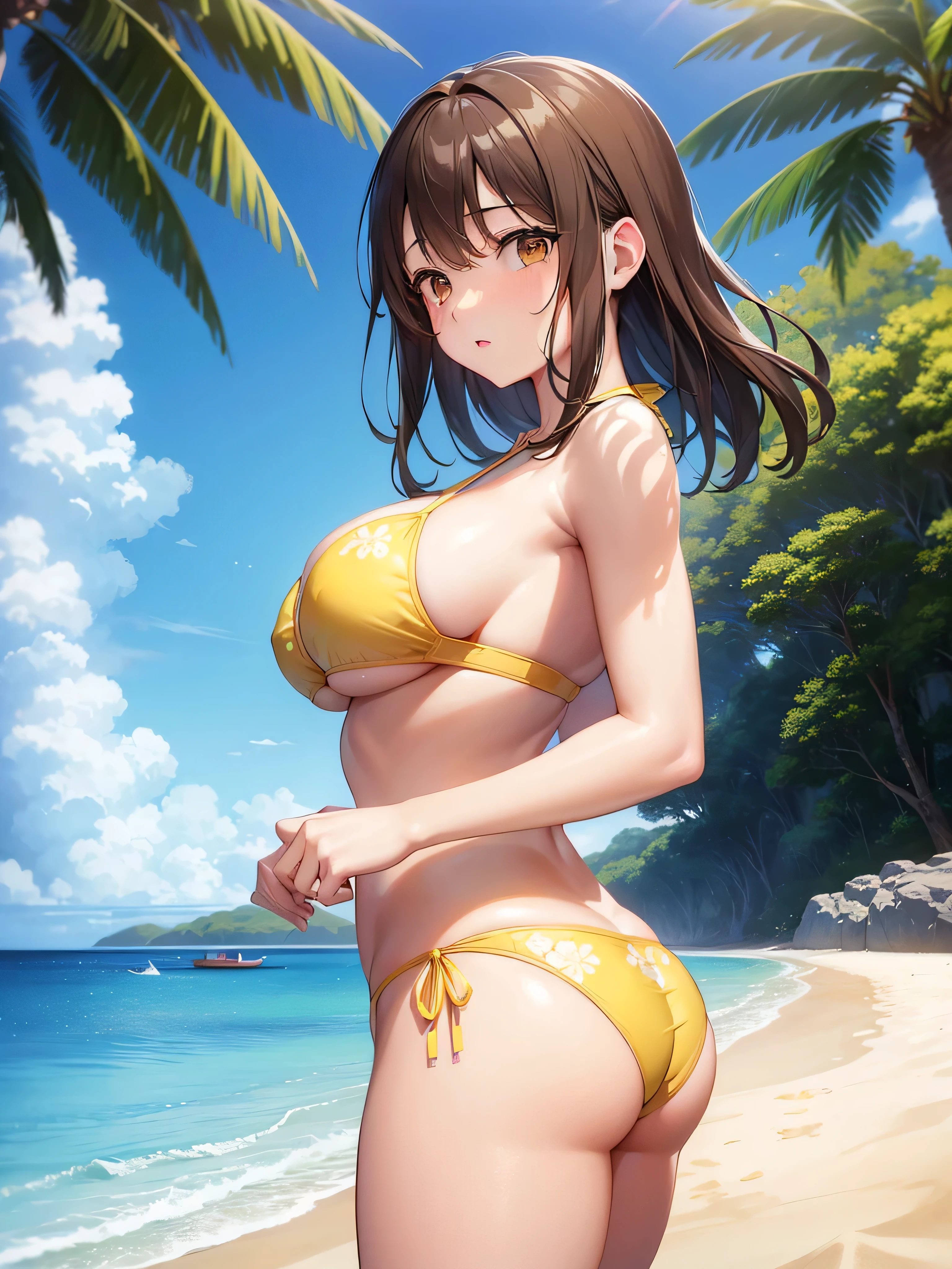 1 girl,, Sayuogi Wara, Sayu Ogiwara, Brown hair, (Brown eyes:1.5), Medium Hair,Naughty big, large full breasts, beach shot, posing from behind, showing butt, Best Quality, High resolution, Unity 8k Wallpaper, (Illustration:0.8), (Beautiful detailed eyes:1.6), extra detailed face, Perfect Lighting, extremely details CG, (Perfect hands, Perfect Anatomy, 5 fingers on each hand),(yellow Bikini:1.3), (the beach:1.3), pretty hands, realistic hands