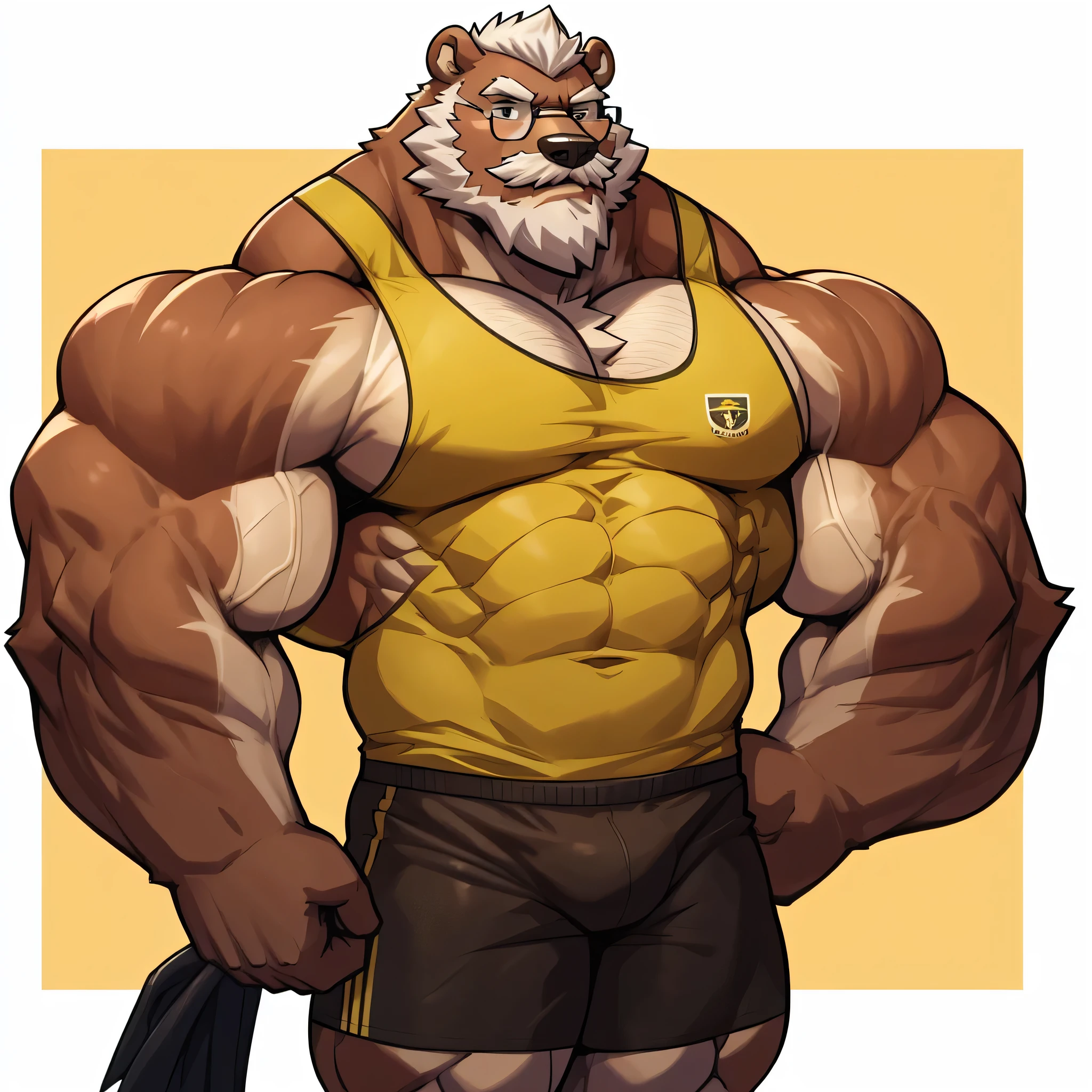 solo, 1boy, Huge Muscular Old Grizzly Bear wearing glasses , pectoral, huge pectoral, wide pectoral, short white hair, short pants and tank top , bearded, Mustache, simple background, masterpiece, high detailed, 8k, high resolution, at the gym, flexes huge muscles