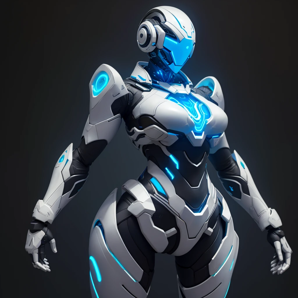 Dronificated unknown woman in a fully enclosed white latex fullbody suit with blue lights across the suit and star shaped glowing core in the chest, fully enclosed cyber helmet that cover her whole face and hides her identity with only two glowing blue lines in it's otherwise, empty black face, huge breast, narrow waist, wide hips and thick thigs, in a storage, no face, no hair, no mouth, no eyes