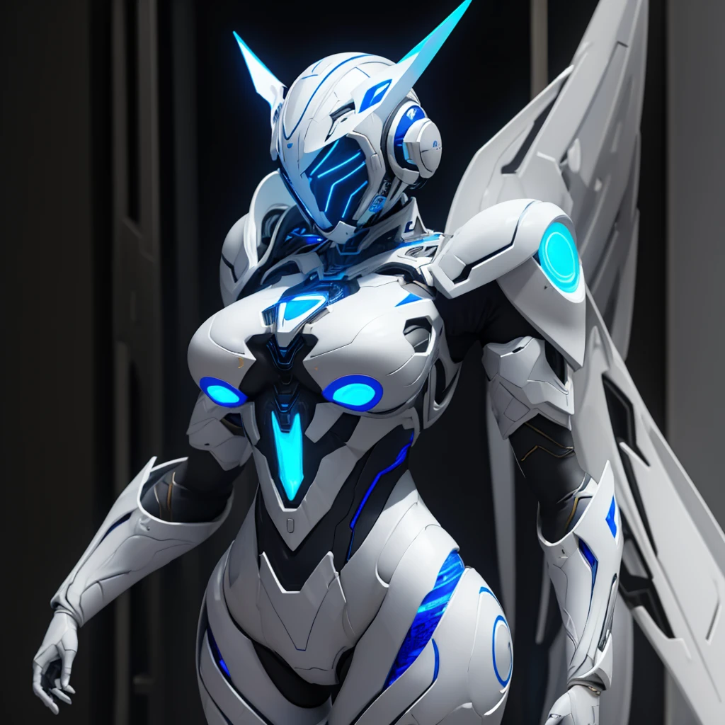 Dronificated unknown woman in a fully enclosed white latex fullbody suit with blue lights across the suit and star shaped glowing core in the chest, fully enclosed cyber helmet that cover her whole face and hides her identity with only two glowing blue lines in it's otherwise, empty black face, huge breast, narrow waist, wide hips and thick thigs, in a storage, no face, no hair, no mouth, no eyes