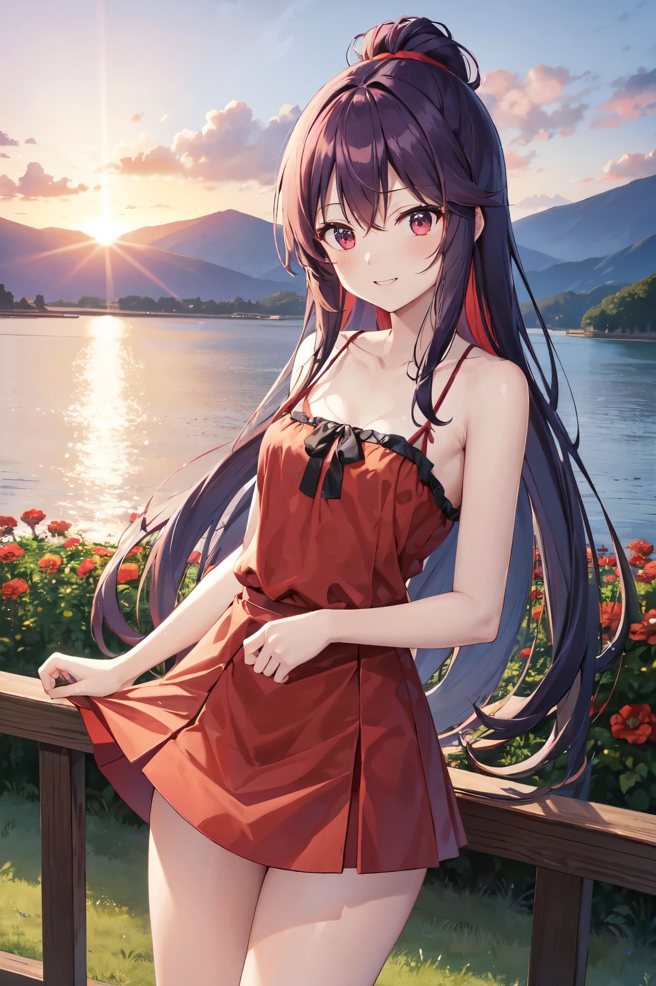 Kafei beloved, STU48 Kafei beloved, Long Hair, 濃い茶色のhair, One girl_Megumin_KonoSuba, autumn, autumn_Sheet, stripe, Beach, green_heaven, red面, chest, Marchrom_hair, Closed_Boca, nuvin, redい目, cloudy_heaven, clavicle, teeth, wear, Field, flower, flower_Field, horizon, lake, Sheet, looking for_in_ Viewer, Mountain, Mountain岳地帯_horizon, March, Outdoor, palm_wood, flower弁, plant, red_flower, short_hair, skirt_hold, heaven, With a smile, 一人in, Are standing, sunset, wood, Twilight, water, red_wear, Perfect Eyes