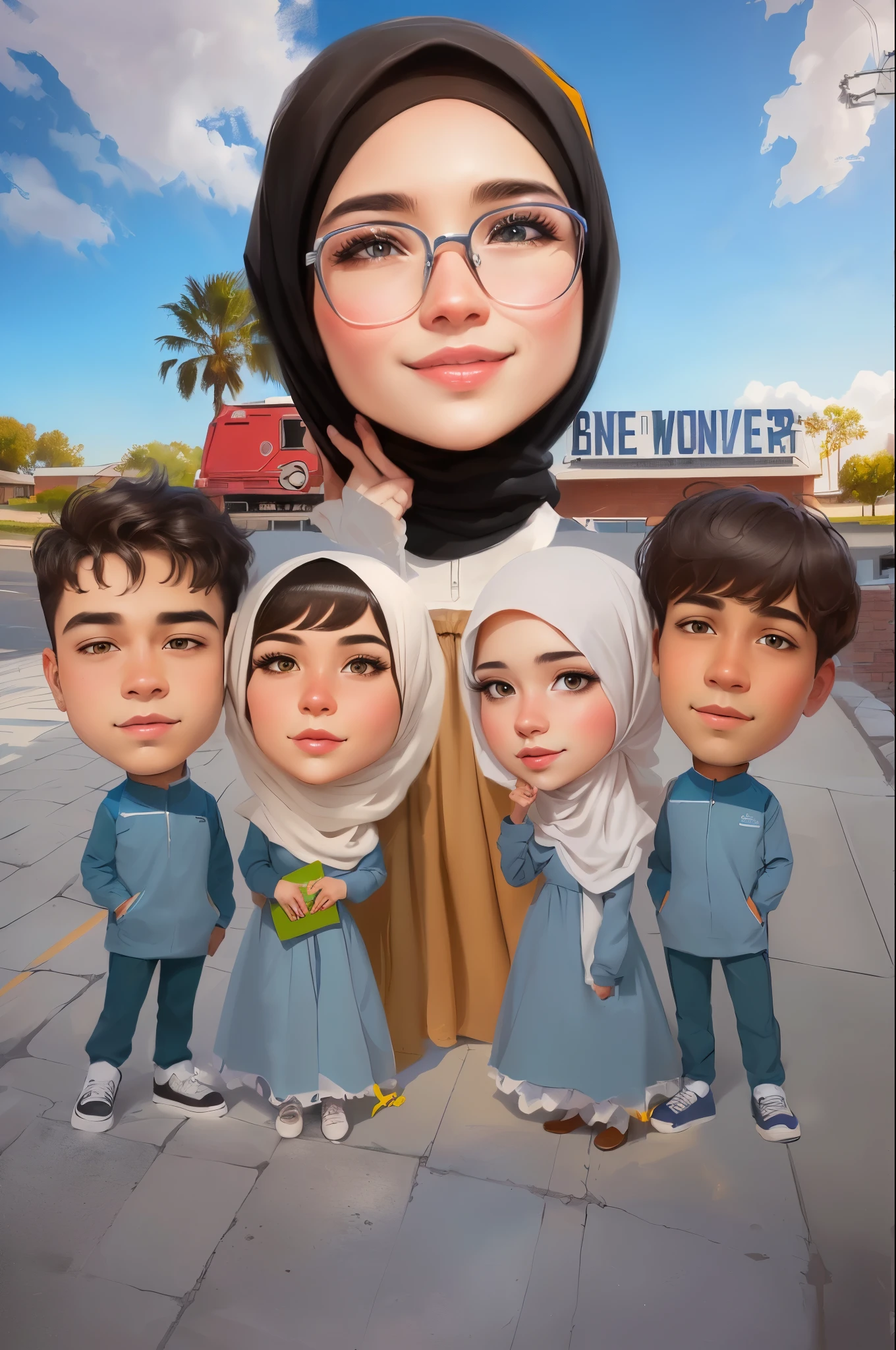 cartoon of a hijab woman with Two white hijab girls and 2 boys, wearing uniforms, caricature illustration, digital art cartoon, caricature style, in cartoon style, cartoon artstyle, caricature, cartoon digital art, inspired by JoWOnder, cartoon portrait, potrait, caricature!!!, teacher, by Abidin Dino, inspired by Nil Gleyen, cartoon digital painting, full protrait