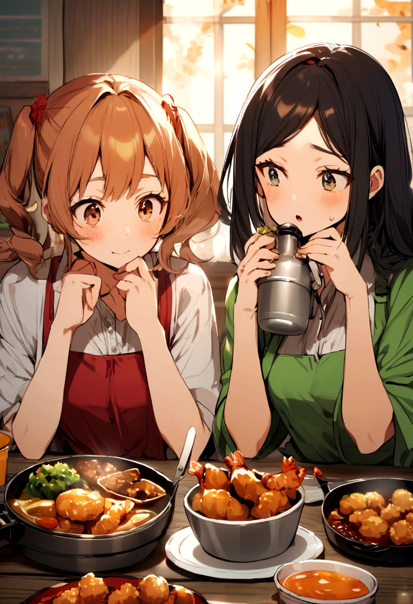 canteen,Fried shrimp set meal,2girls,