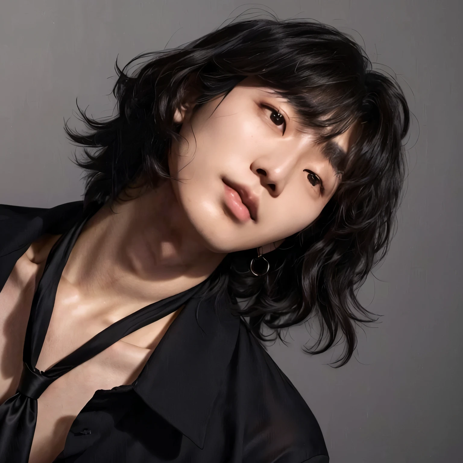 araffed asian woman wearing a black shirt and a black tie, steven jung, Won Bin Lee, hyung tae, yuya nagai, cai xukun, toru furuya, kazuki tanahashi, hyung tae kim, yosuke ueno, shinji aramaki, jinyoung shin, Hong June Hyung, he has short curly brown hair