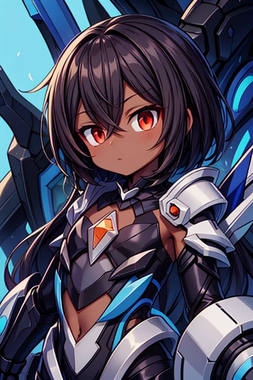 (((dark skin tone))),dark skin male, femboy, dark skin, cute shota,red eyes, blue mecha hairpin, dark brown hair medium hair,wearing a black exoskeleton, detached sleeves, blue mecha Gauntlets, black full bodysuit, honkai impact herrscher of reason,full armour mecha_musame,Elsword, orange gem on chest, close up