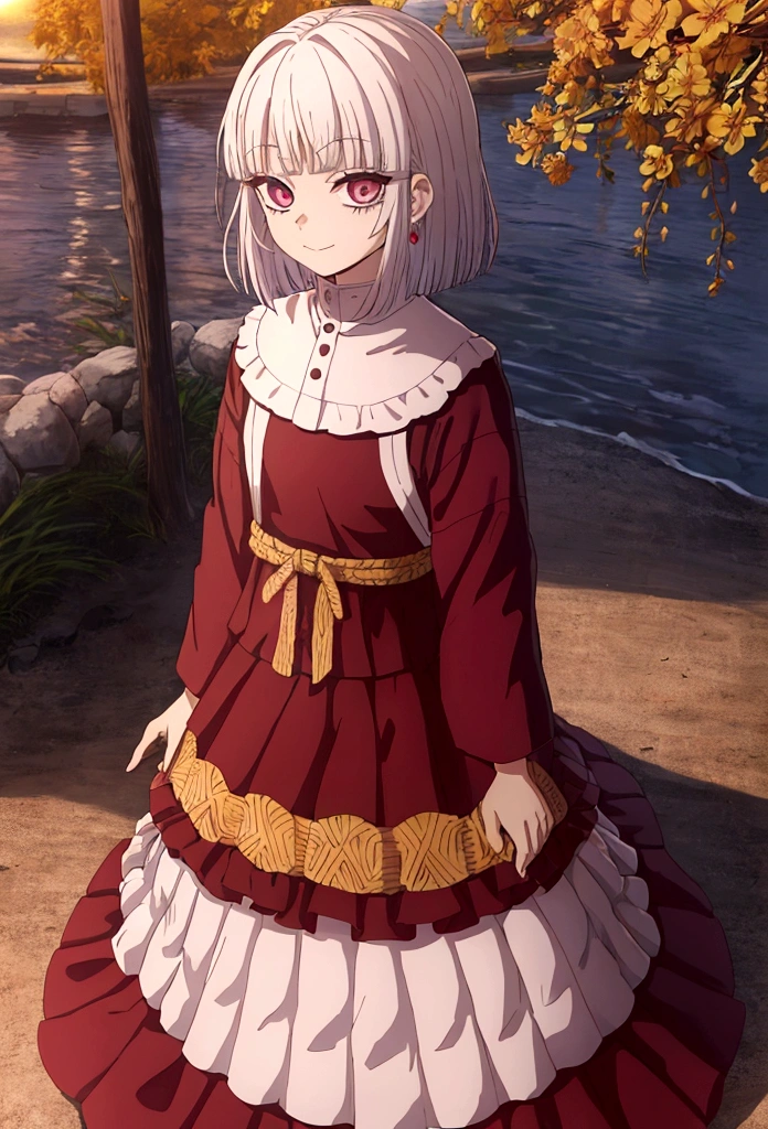((mejor calidad)),screenshort Estilo Kimetsu no Yaiba,una chica alone,con un traje de cazador de demonios, calm expression,mirando la el lirio,a little smile,ojos marrones brillo, cabello Bob,casa japonesa,warm light,aretes de luna,con un lirio en su mano,es el atardecer