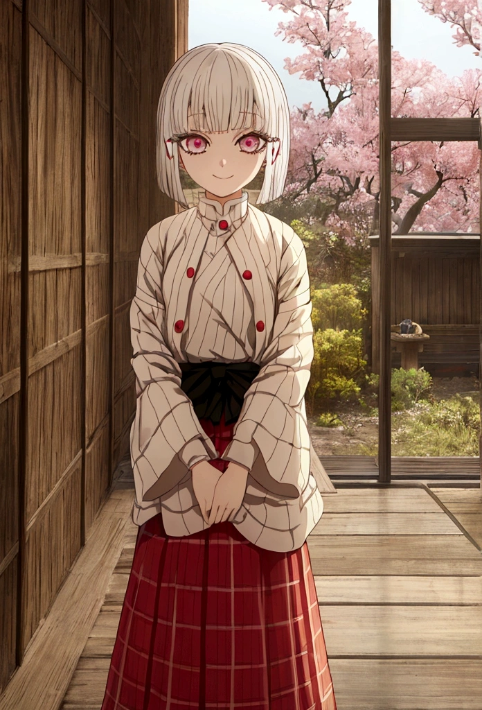 ((mejor calidad)),screenshort Estilo Kimetsu no Yaiba,una chica alone,con un traje de cazador de demonios, calm expression,mirando la el lirio,a little smile,ojos marrones brillo, cabello Bob,casa japonesa,warm light,aretes de luna,con un lirio en su mano,es el atardecer