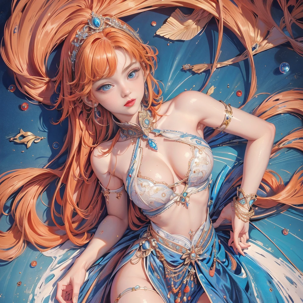 (best quality, 4k, Masterpiece, ultra detailed, hyperrealism, RAW quality), The face of the most beautiful young girl, the most beautiful face ever created, blue-eyed princess,  look, ultra-detailed, captivating pupil, clean skin perfect, perfect cut straight orange hair, red lips, captivating, southern or Eastern European, RAW quality,