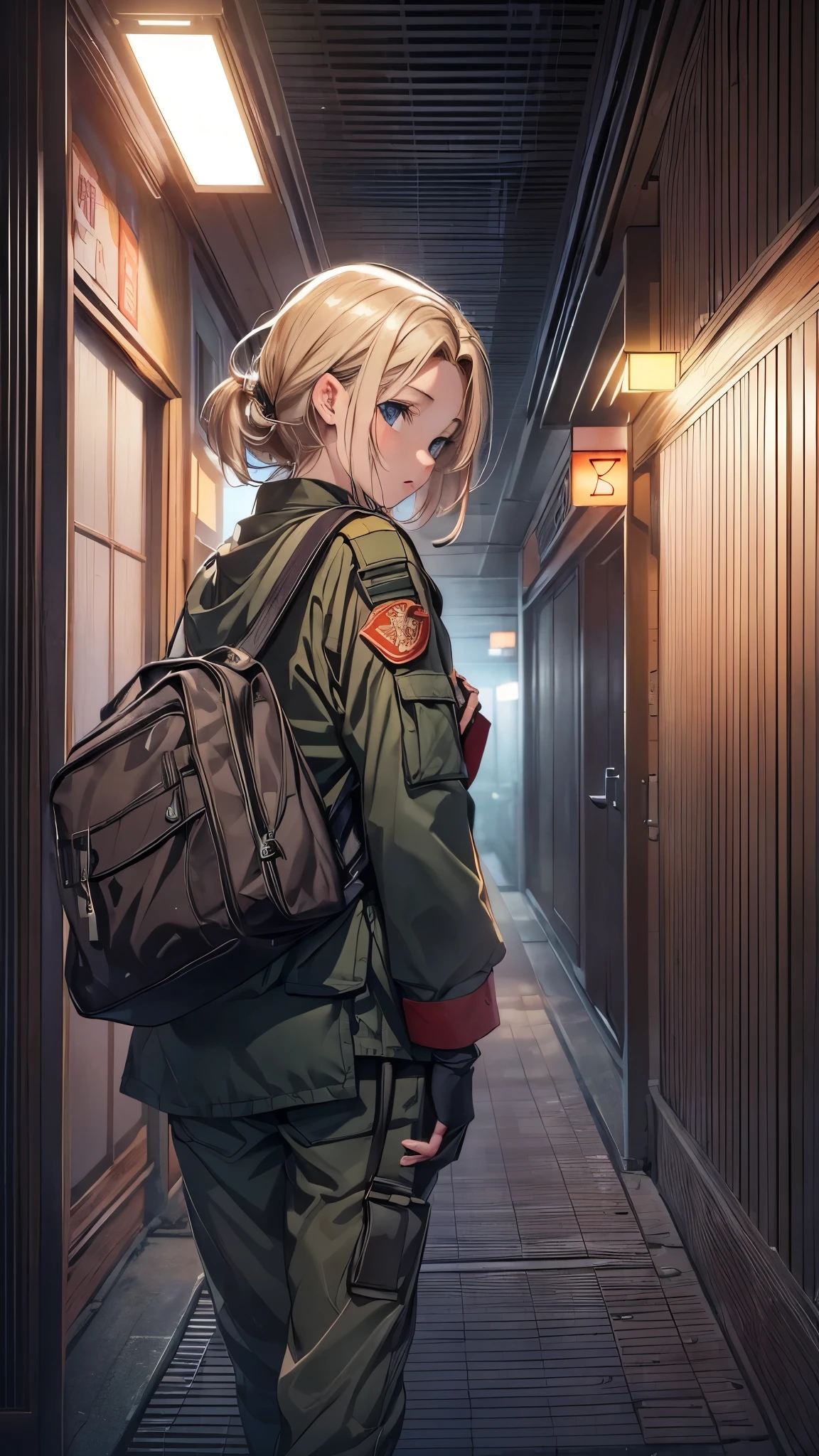 ((In low lighting,Japanese hotel hallway,Inside the dimly lit hallway)),((Outside my window at night the city is burning)),One Woman,20-year-old female,She is wearing military uniform,Short blonde,She is walking down the hallway