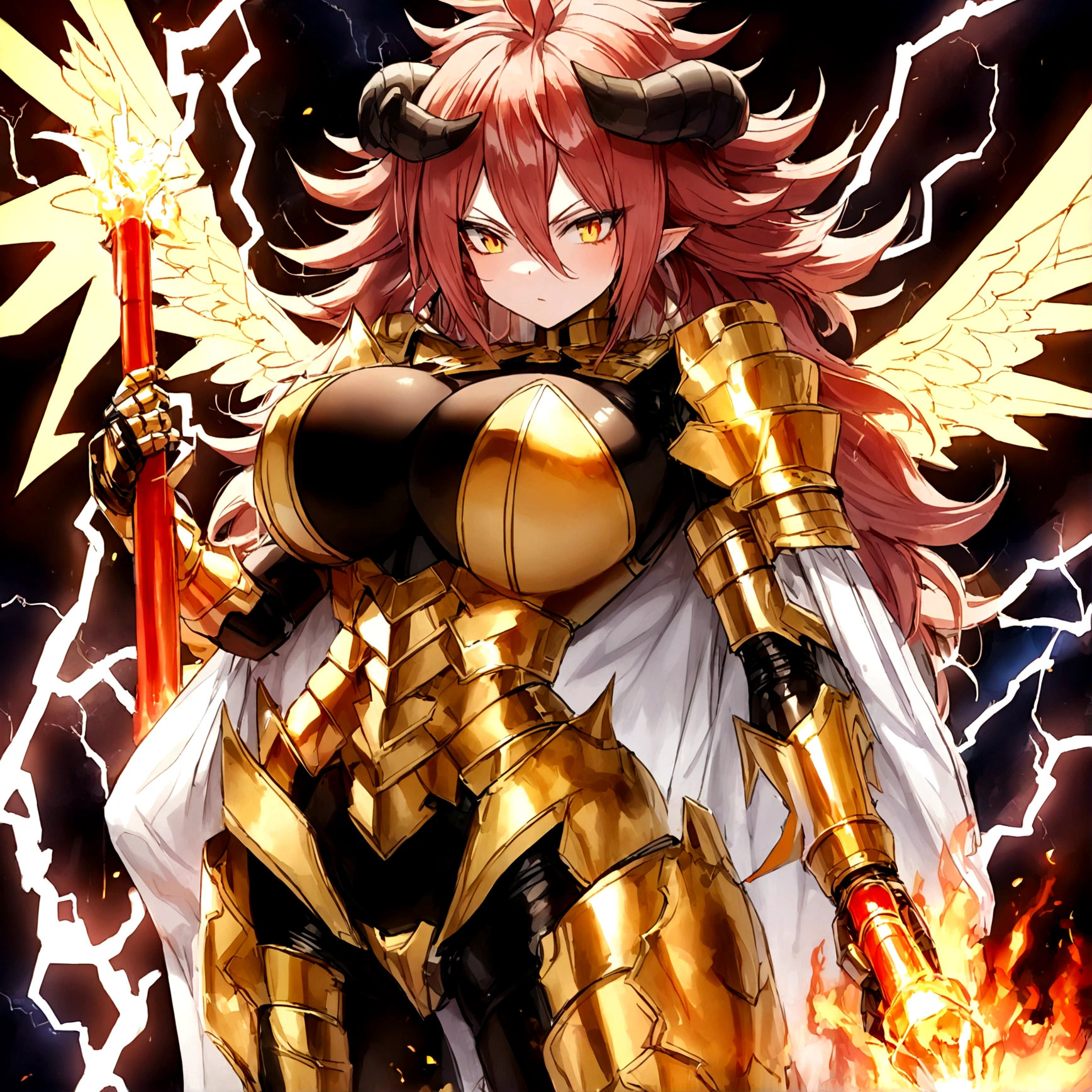 ((Lightning Power)), ((Electricity)), ((Fire Background)), ((Lightning Storm)), ((Power Erupting)),((((android 21)))), (((white Coat))), (((Busty))), (((((Big breast:1,3)))), luxury bustier corset, ((silver hair)), (((Very slim waist))), propotional body, ((Gorgeous)), (((gold wings))), masterpiece, hyperdetail, ambient effect, digital effect, (((FIRE SWORD)), (((Lightning Sword))), (((Fire Gold Armor))), (((Lightning Gold Wings))), (((Fire Demon Horns))), (((Lightning Demon Horns)))