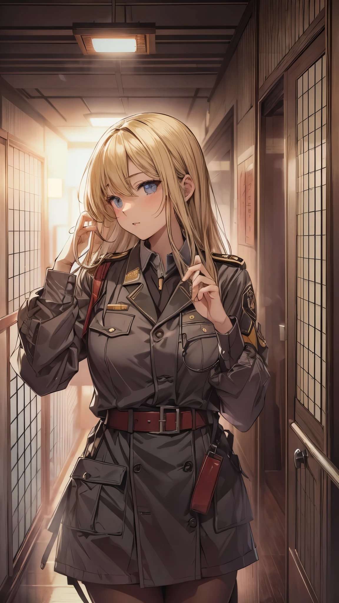 ((In low lighting,Japanese hotel hallway,Inside the dimly lit hallway)),((Outside my window at night the city is burning)),One Woman,20-year-old female,She is wearing military uniform,Short blonde,She is walking down the hallway