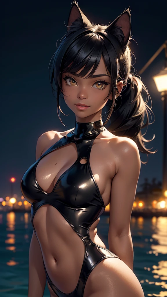 (high resolution, upper body, soft skin:1.2),(best illustration,masterpiece:1.2),ultra-detailed,[(cat ears , black inside:1.2, black ponytail hair, gold eyes, cat eyes, dark skin),vivid colors,sharp focus,studio lighting,bokeh, wearing a WHITE Plunge One Piece Swimsuit, pier at night background, smiling
