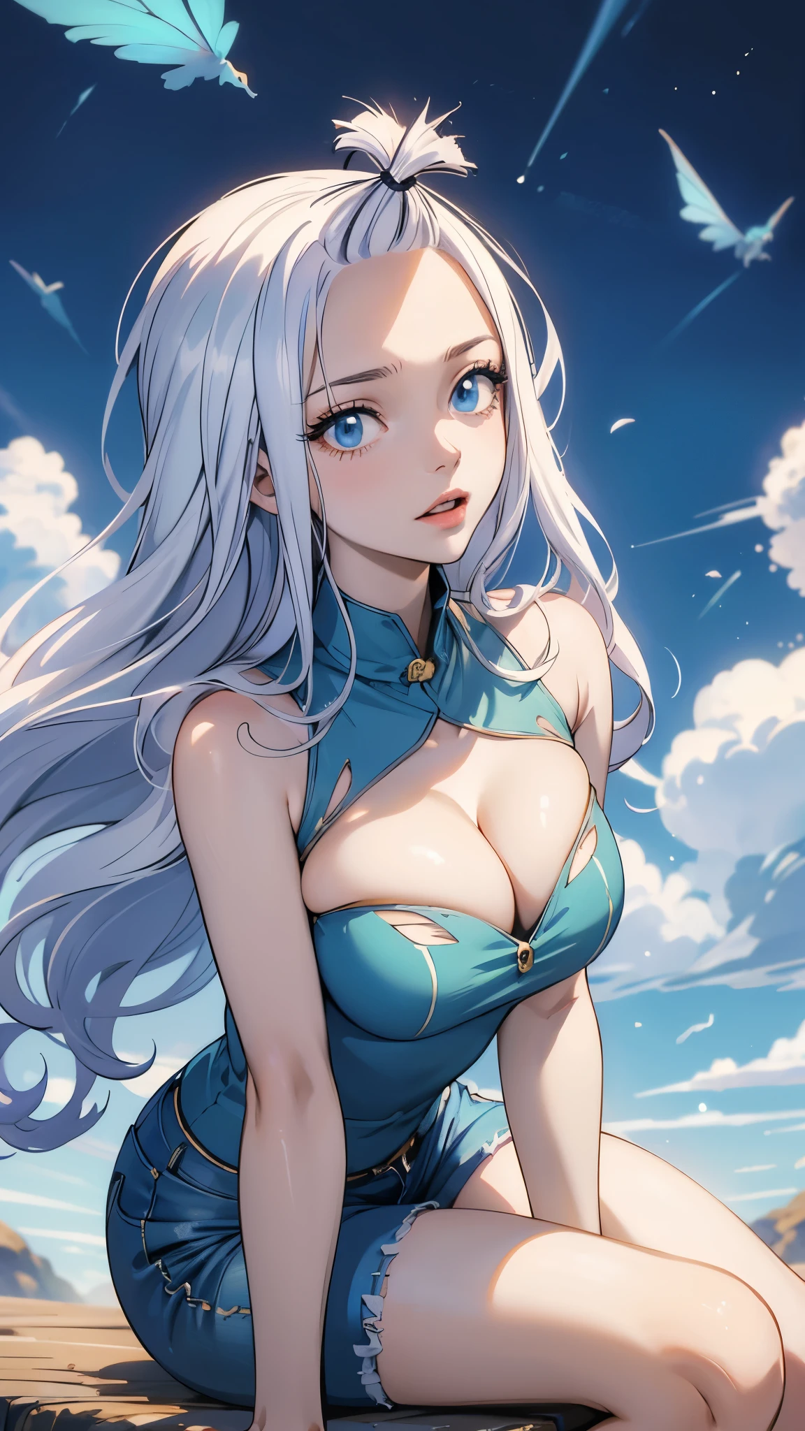 (best quality,highres:1.2),ultra-detailed,realistic,photorealistic:1.37,a beautiful girl (Mirajane Strauss from Fairy Tail) model in a pop style,18 years old,long legs,medium breasts,extremely detailed face (with emphasis on azure eyes),Her red-colored hair falls to her shoulders.She is dressed in short blue denim shorts and a short top (very shabby and torn in places),),bent down, lifting her ass to the top,more sexy pose,illustration,colorful pop art style,dynamic lighting,neon colors,sunglasses on head.Nsfw