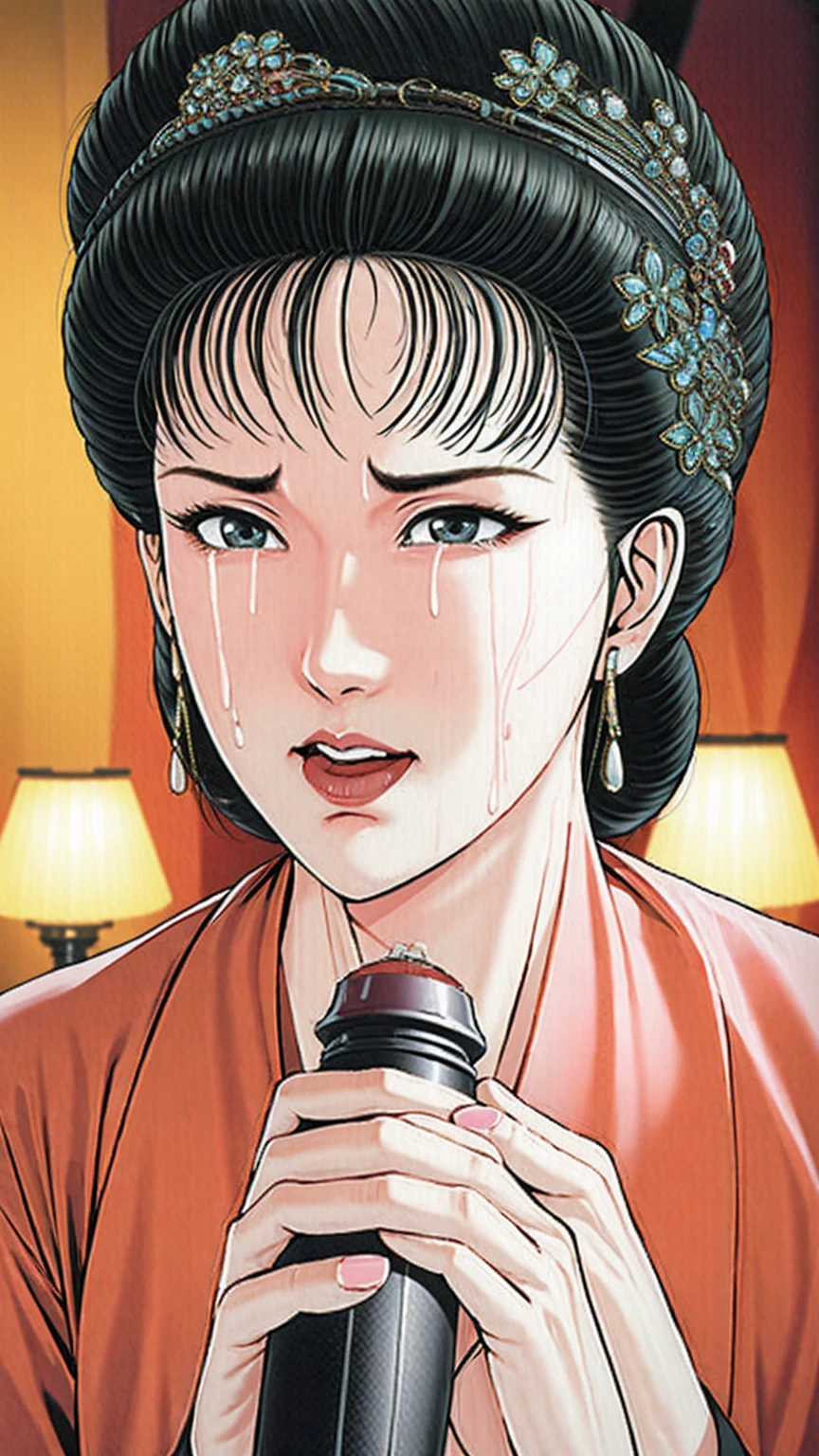 (best quality), (very aesthetic), (ultra-detailed), (best illustration),(a mature female),(perfect face),(perfect body),Suikoden,Mrs. Lin,(((NSFW))),((full_body)),((full_nude)),(crying),red cheek,sweating,skinny,flushed skin,(hairly),(doing blowjob),(She is sucking on an erect penis),(Holding an erect penis with his right hand),(Cum in mouth),chinese traditional bed room,profile