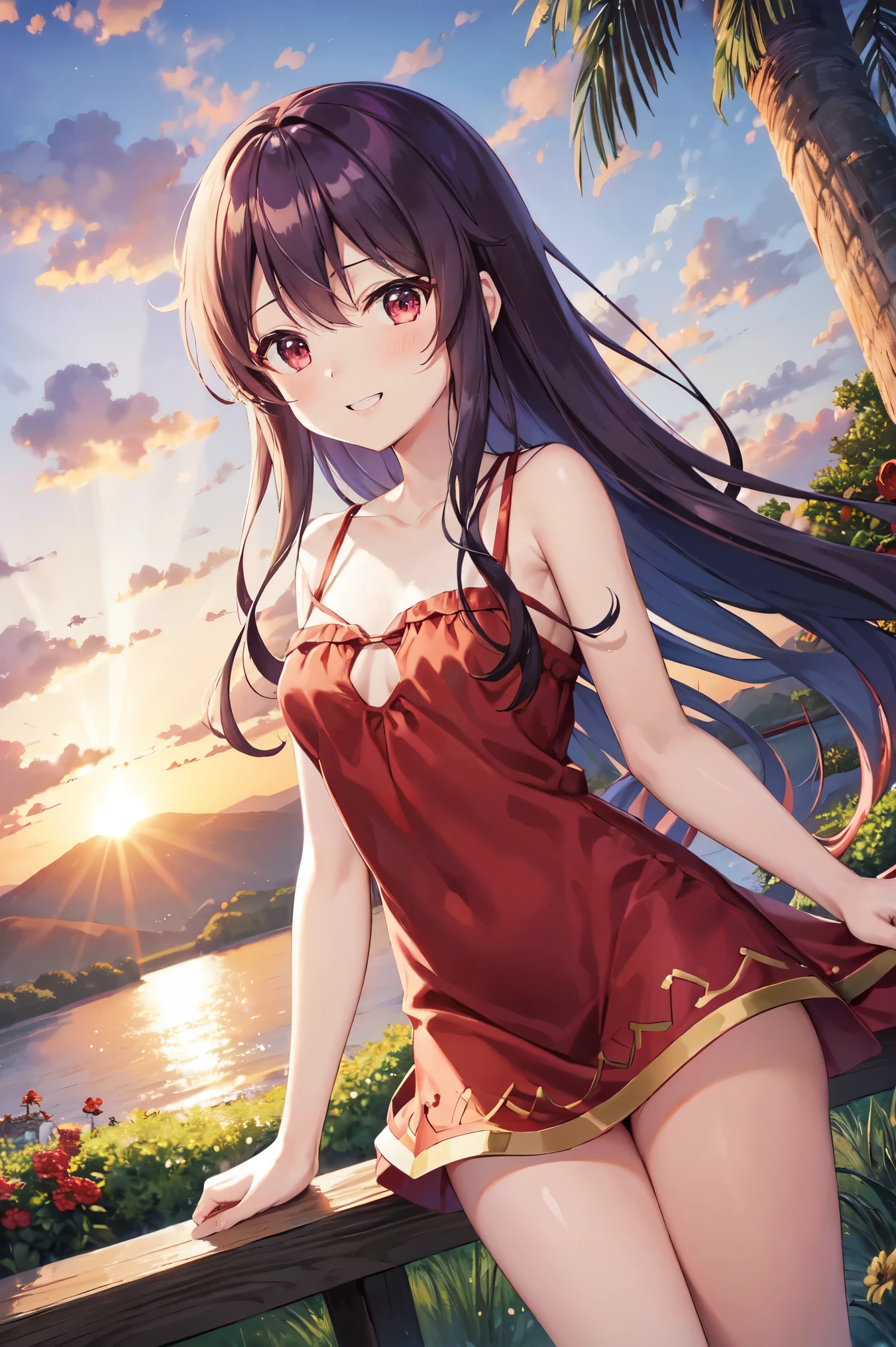 Kafei beloved, STU48 Kafei beloved, Long Hair, 濃い茶色のhair, One girl_Megumin_KonoSuba, autumn, autumn_Sheet, stripe, Beach, green_heaven, red面, chest, Marchrom_hair, Closed_Boca, nuvin, redい目, cloudy_heaven, clavicle, teeth, wear, Field, flower, flower_Field, horizon, lake, Sheet, looking for_in_ Viewer, Mountain, Mountain岳地帯_horizon, March, Outdoor, palm_wood, flower弁, plant, red_flower, short_hair, skirt_hold, heaven, With a smile, 一人in, Are standing, sunset, wood, Twilight, water, red_wear, Perfect Eyes