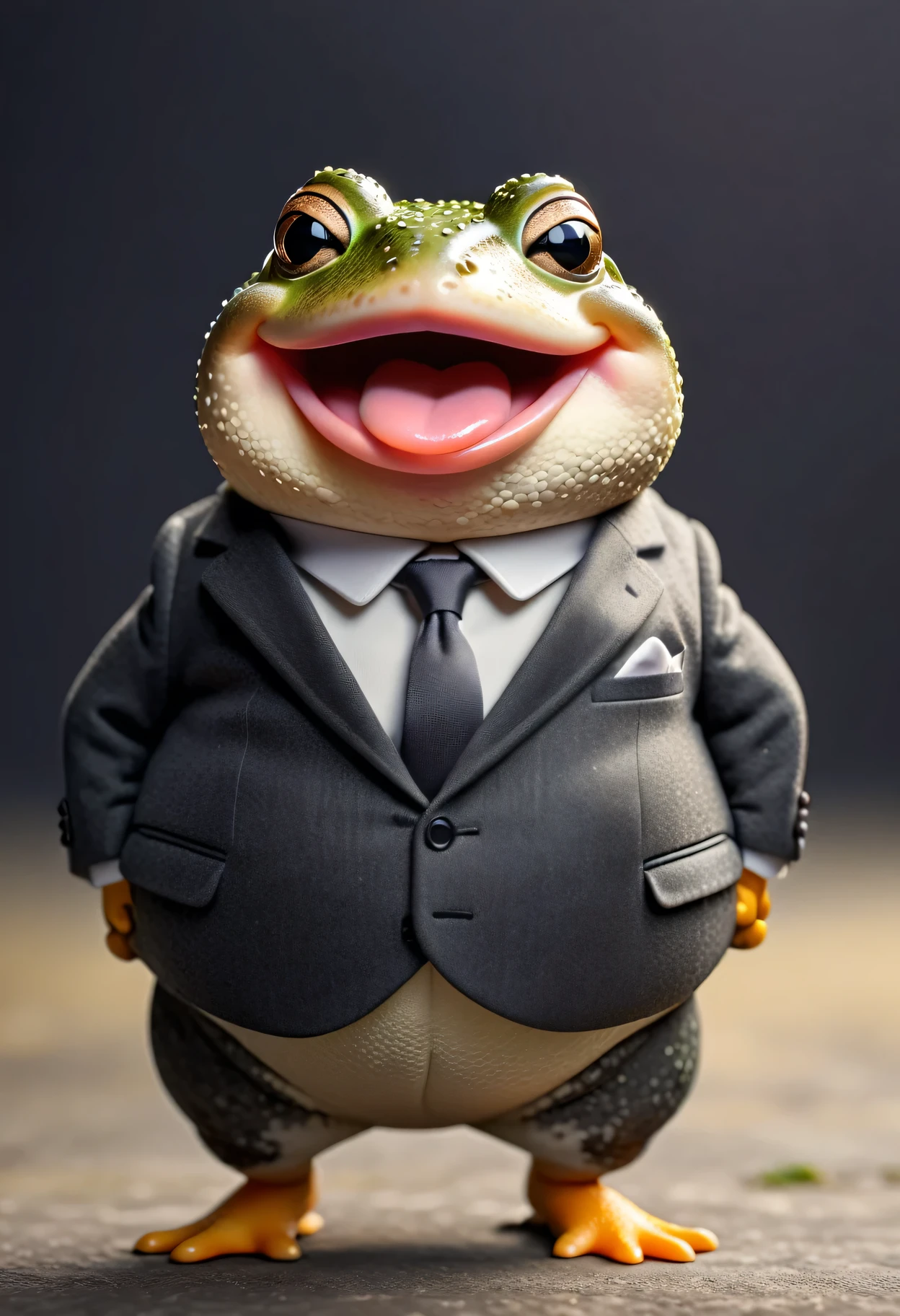 face close up photo of anthropomorphic fat [cute] toad,(), dressed in a dark gray suit, (sticking out tongue:1.5),(happy smile:1.5),(playful:1.2), soft lighting, Cinematic, hdr, primitive, Intricate, High quality, smoothing tones, Intricate details, Low contrast,(viewed from side:2.0), (looking at viwer:1.5), simple background