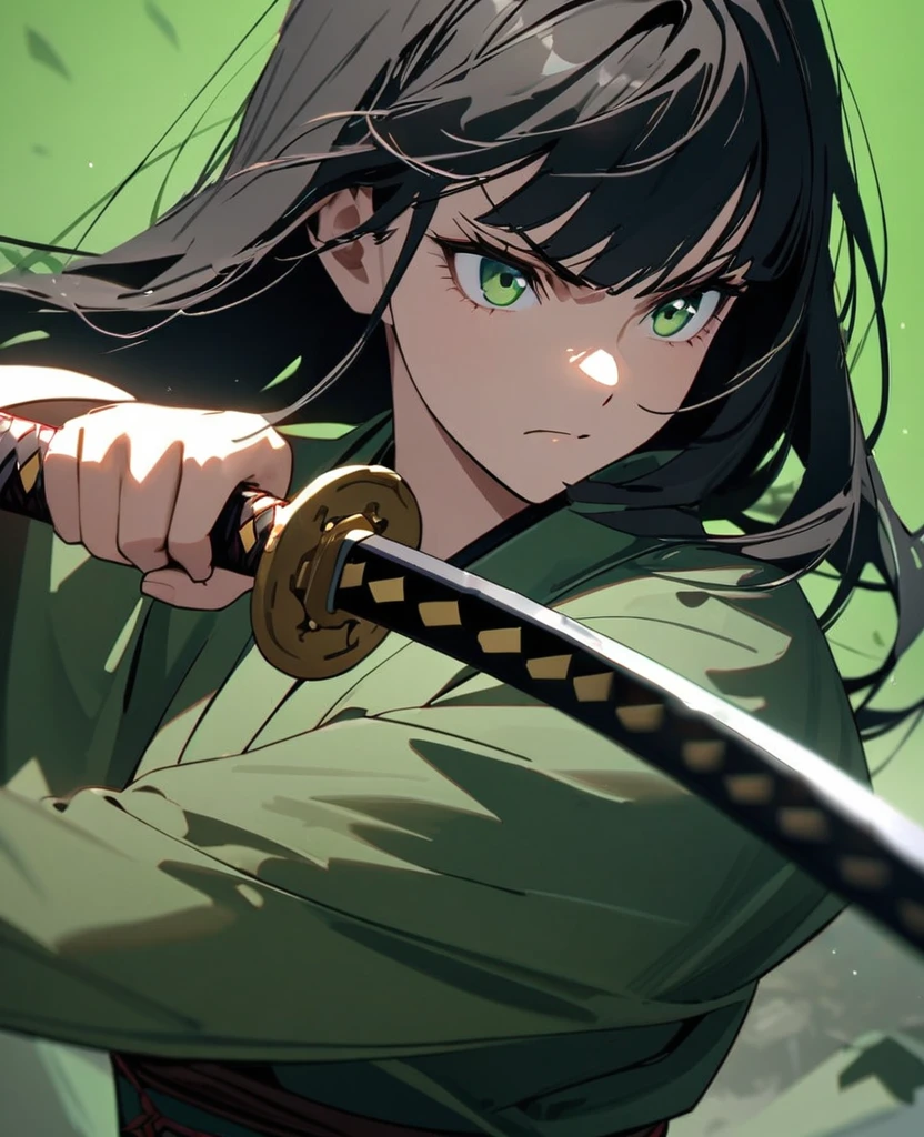 Young woman, perfect anatomic draw, perfect eyes, long black hair, beautiful eyes, straight bangs down, green eyes, beautiful, (green kimono), in the green background, serious face, serious woman, brave pose, fighting with a katana, 8k, high quality, full HD.