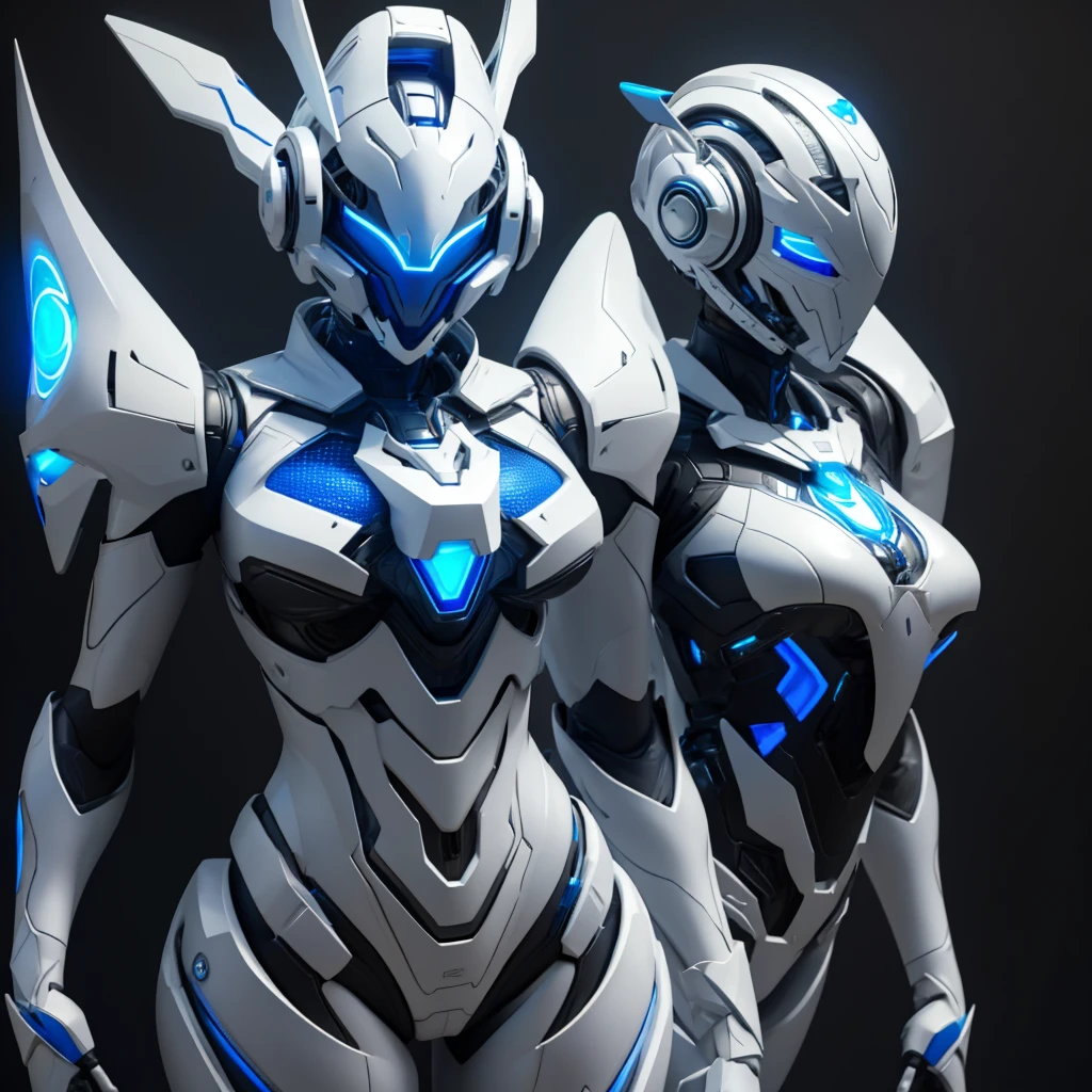 Dronificated unknown woman in a fully enclosed white latex fullbody suit with blue lights across the suit and star shaped glowing core in the chest, fully enclosed cyber helmet that cover her whole face and hides her identity with a blue screen that has a white star, huge breast, narrow waist, wide hips and thick thigs, in a storage, no face, no hair, no mouth, no eyes