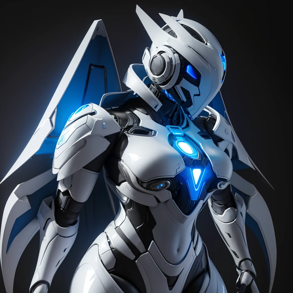 Dronificated unknown woman in a fully enclosed white latex fullbody suit with blue lights across the suit and star shaped glowing core in the chest, fully enclosed cyber helmet that cover her whole face and hides her identity with a blue screen that has a white star, huge breast, narrow waist, wide hips and thick thigs, in a storage, no face, no hair, no mouth, no eyes