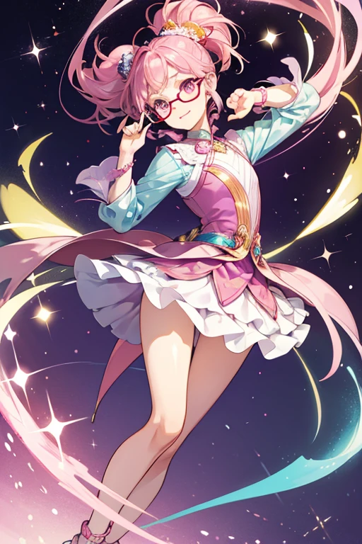 Glee is a light beige guinea pig with beige ears and purple hair.
She has a pink top with a pink skirt covered in strawberries and flowers.
She comes with gold glasses, yellow headpiece, and teal shoes. SPARKLE; GLITTER