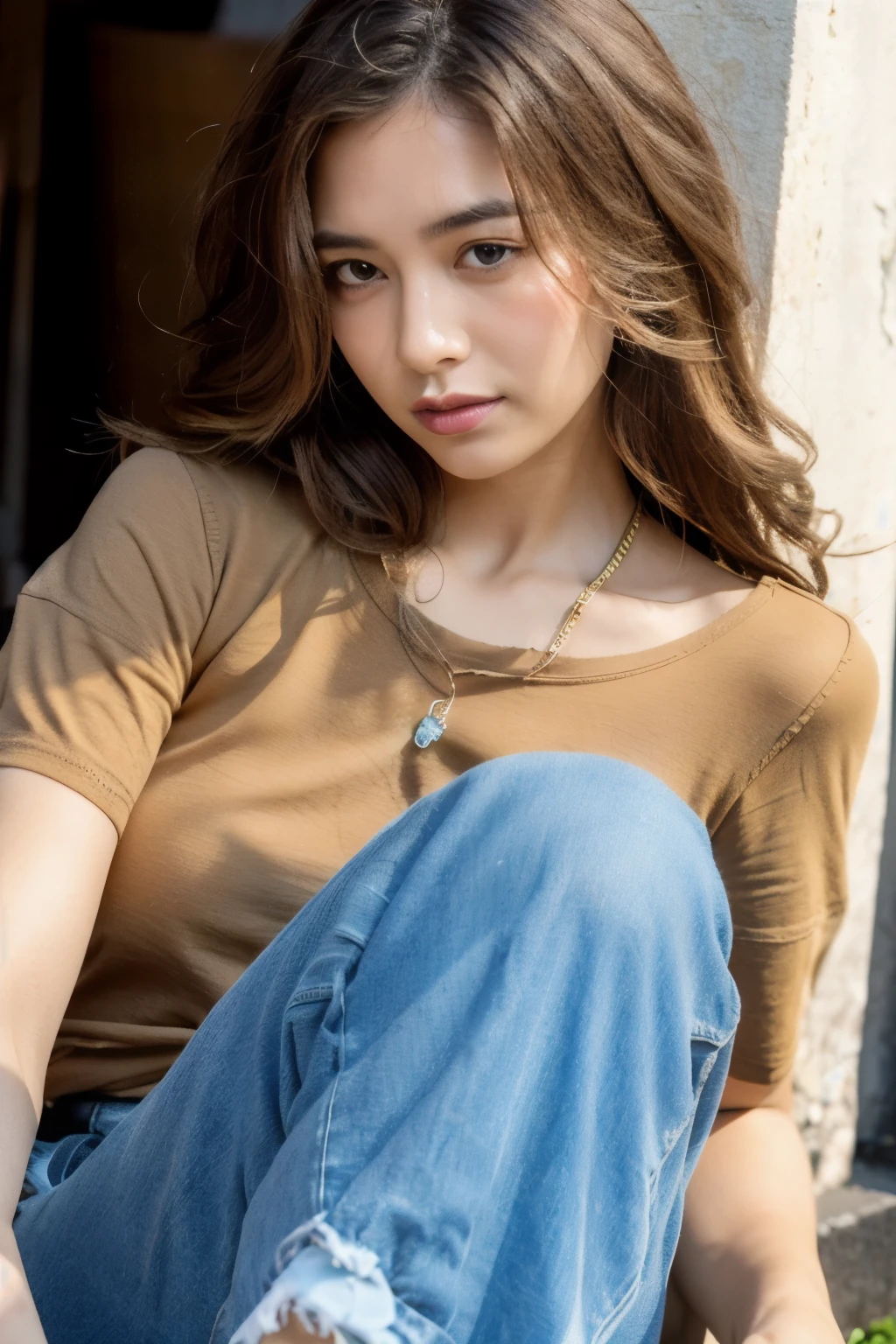 beautiful female, upper body, scratched analog film photo solo, realistic, ((vintage photo)), ((woman)), photo taken with ((Canon EF 100mm 2/8L Macro lens)), eyelash details, (((long middle-part slight wave Hairstyle))), ((dark brown oversized shirt)), masterpiece portrait photo of a woman. she wears faded blue jeans, comfort fit, gorgeous mixed race, she's sitting on a on man's lap ,her feet on the cobblestone street, ceramic potted sculptures, painted wood branches, lining fabric sheer, lovely private nook, , relaxed and posing, beautiful facial features, looking at the camera, hazel eyes, some blush on her cheeks, long length curly brown hair, RAW, best quality skin details, ultra-detailed, highly detailed eyes, detailed skin pores, intricate eye details, ((dynamic pose)), high detailed, (cinematic shot:1.3), PA7_Human-Likeness, PA7_Photo, clear facial features, amber color theme, film negative scratches, deeply scratched film image, 35mm photo, damaged edge, vintage, Kodachrome, highly detailed,