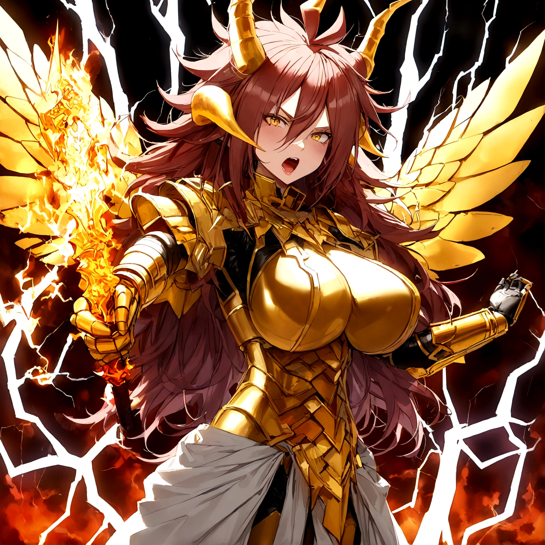((Lightning Power)), ((Electricity)), ((Fire Background)), ((Lightning Storm)), ((Power Erupting)),((((android 21)))), (((white Coat))), (((Busty))), (((((Big breast:1,3)))), luxury bustier corset, ((silver hair)), (((Very slim waist))), propotional body, ((Gorgeous)), (((gold wings))), masterpiece, hyperdetail, ambient effect, digital effect, (((FIRE SWORD)), (((Lightning Sword))), (((Fire Gold Armor))), (((Lightning Gold Wings))), (((Fire Demon Horns))), (((Lightning Demon Horns)))
