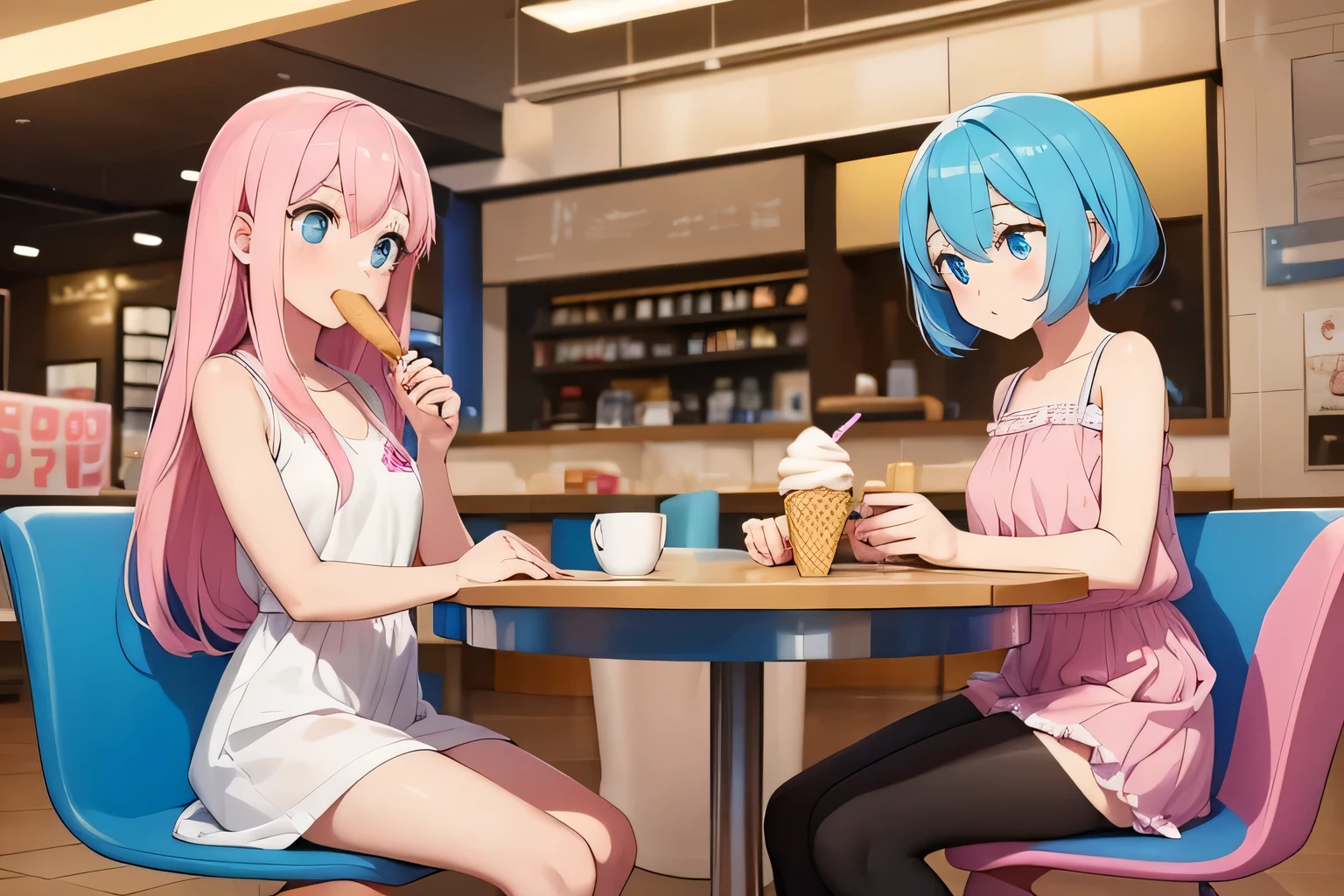 Two Girls, the "Left Girl with Long Light Pink Hair and Casual Short Outfit, FOCUS ID Image CPIFKKTE878C73D78QEG", and the "Right Girl with Big , Small Blue Hair and Clothing a LOW-CUT DRESS, FOCUS ID Image CPIGA65E878C73ETEKU0"; are sitting on chairs in an ice cream shop in a shopping mall. The Girl with Light Pink Hair is eating an ice cream and the Girl with Blue Hair is ALMOST ASLEEP.