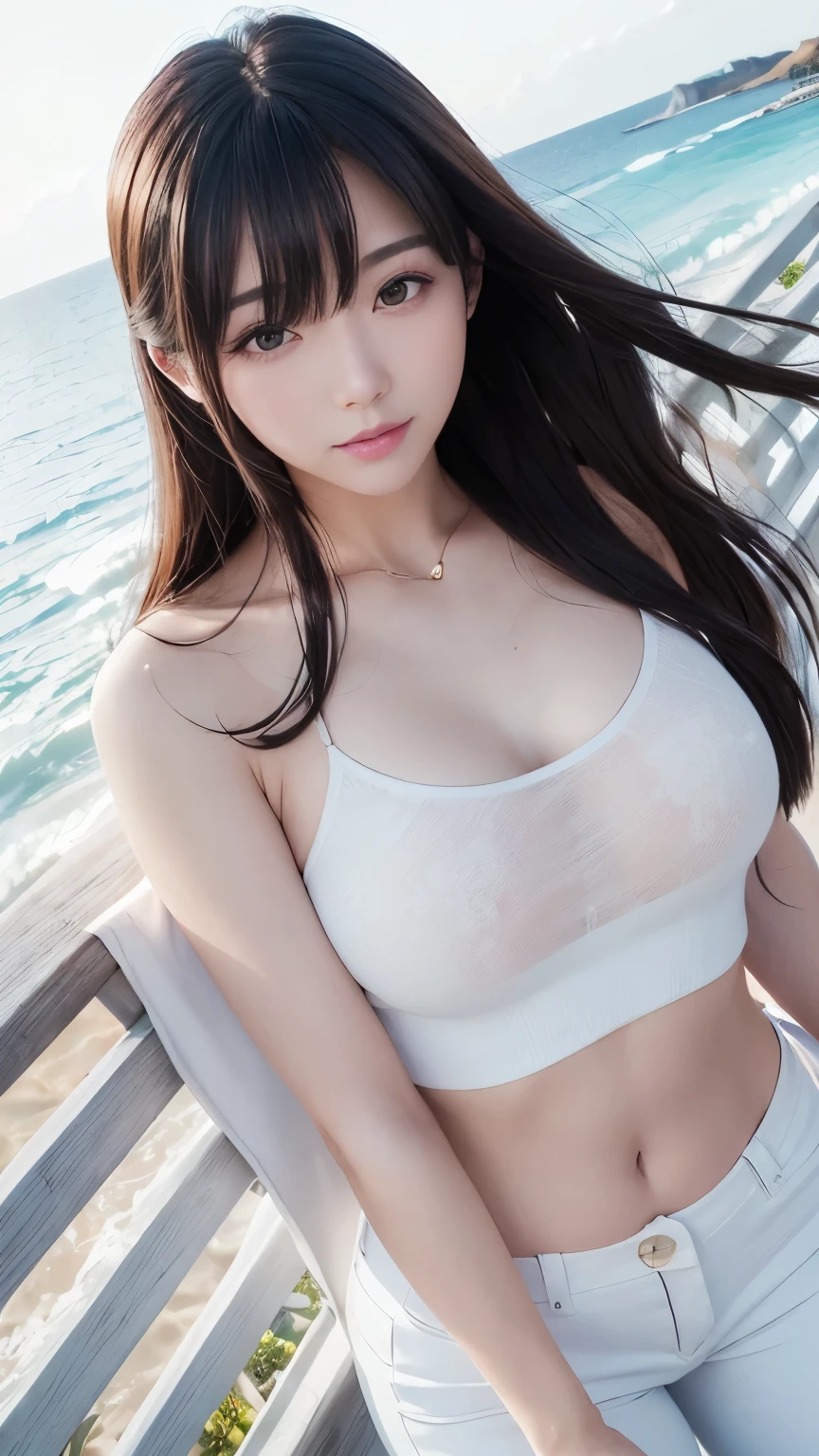 1 girl、25 years old、beautiful breasts、I can see your lower tits、full body sbian、black hair、Tight size hot pants、Beach、a little smile、