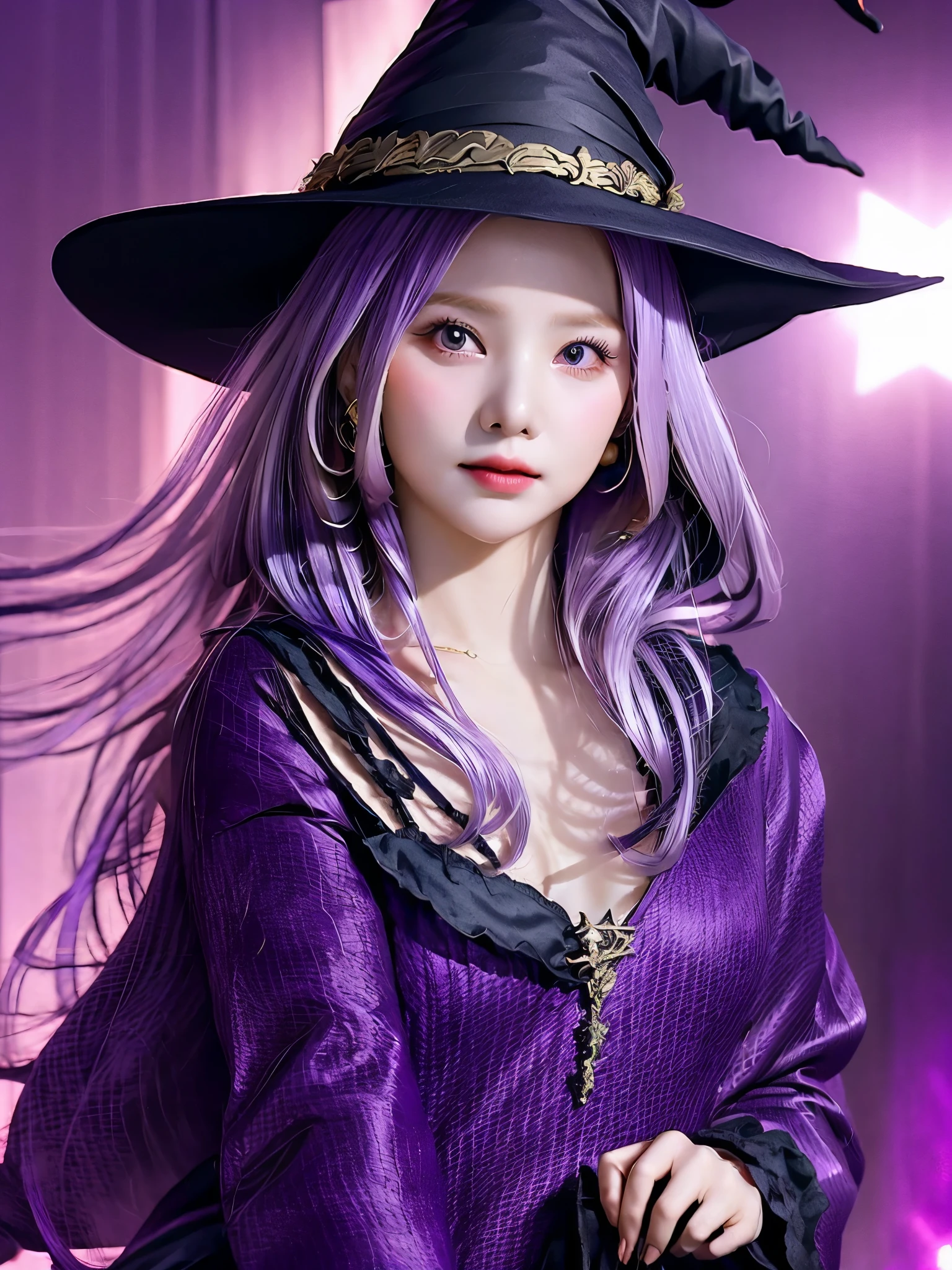 1 girl, portrait, long wavy hair, purple hair, witch dress, witch hat