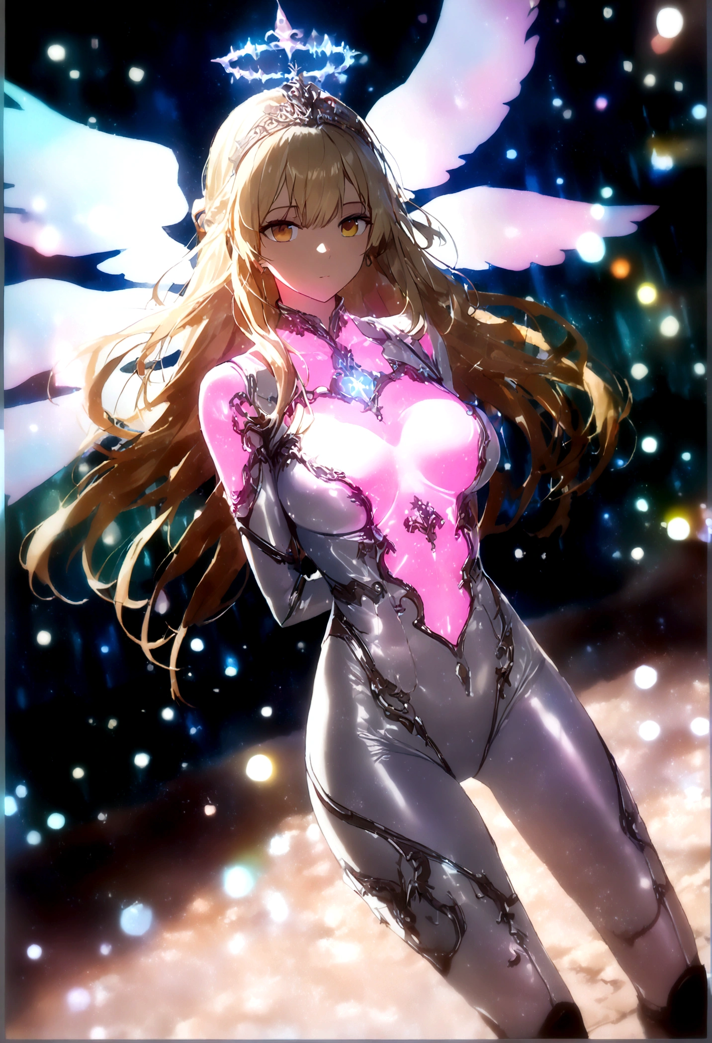 Unbeatable tmasterpiece, ultra real photo , Perfect artwork , Complicated details , Best quality , strong lights , hight contrast , dynamicposes , holland angle , (bblurry, depth of fields, bblurryforeground:1.35) ,1 girl , tall woman , mature , solo , breasts , medium-sized breasts , wings , solo , hold , halo , bare shoulders , blonde hair , audience , bangs , angel wings , wings , mall , standing ,sparks , gray eyes , white wings , tender, hair between the eyes , long hair , breasts , cleavage , (((bare legs , Hands behind your back))), braid , lgir , blurry , twin_braids , blurrybackground , solo , jewelry , (Glowing ambiance, enchanting radiance, luminous lighting, ethereal atmosphere, mesmerizing glow, evocative hues, captivating coloration, dramatic lighting, enchanting aura:1.7),(mechanical_background:1.5),(((mecha tiara))), (transparent PVC luminous bodysuit:1.8), glow, pale skin, colorful neon, long exposure, motion blur, (Glowing ambiance, enchanting radiance, luminous lighting, ethereal atmosphere, mesmerizing glow,colorful aurora , (colorful flower ,Colorful petals , Colored Forest:1.5) ,