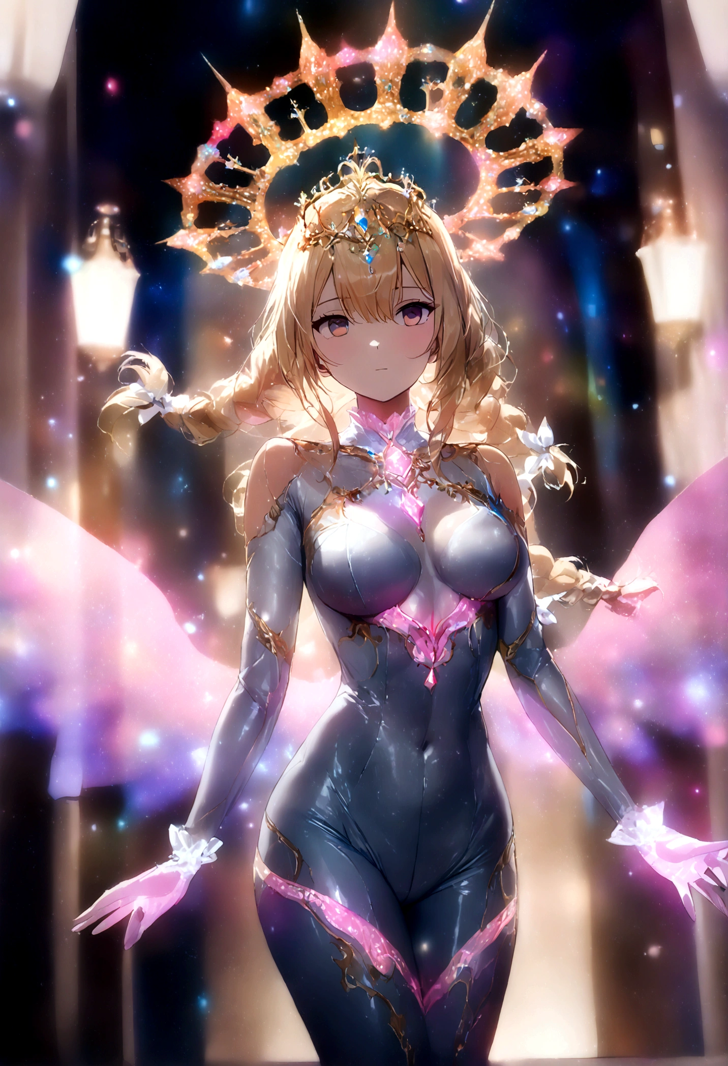 Unbeatable tmasterpiece, ultra real photo , Perfect artwork , Complicated details , Best quality , strong lights , hight contrast , dynamicposes , holland angle , (bblurry, depth of fields, bblurryforeground:1.35) ,1 girl , tall woman , mature , solo , breasts , medium-sized breasts , wings , solo , hold , halo , bare shoulders , blonde hair , audience , bangs , angel wings , wings , mall , standing ,sparks , gray eyes , white wings , tender, hair between the eyes , long hair , breasts , cleavage , (((bare legs , Hands behind your back))), braid , lgir , blurry , twin_braids , blurrybackground , solo , jewelry , (Glowing ambiance, enchanting radiance, luminous lighting, ethereal atmosphere, mesmerizing glow, evocative hues, captivating coloration, dramatic lighting, enchanting aura:1.7),(mechanical_background:1.5),(((mecha tiara))), (transparent PVC luminous bodysuit:1.8), glow, pale skin, colorful neon, long exposure, motion blur, (Glowing ambiance, enchanting radiance, luminous lighting, ethereal atmosphere, mesmerizing glow,colorful aurora , (colorful flower ,Colorful petals , Colored Forest:1.5) ,