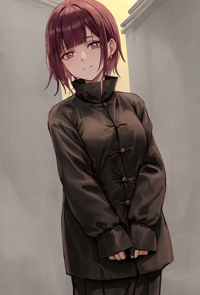 ((mejor calidad)),screenshort Anime Jujutsu Kaisen ,una chica alone, calm expression,mirando abajo,a little smile,ojos marrones brillo, brown bob hair,warm light,aretes de luna,con un lirio en su mano,es el atardecer