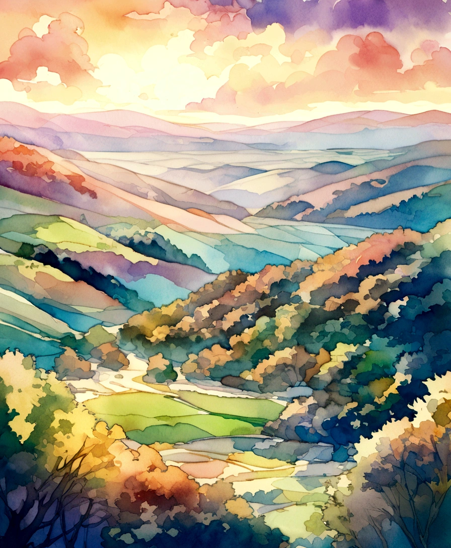Hyper detailed, ultra high resolution, watercolor illustration of the countryside in mid fall, lush colors, brilliant landscape, dreamy atmosphere, light bloom