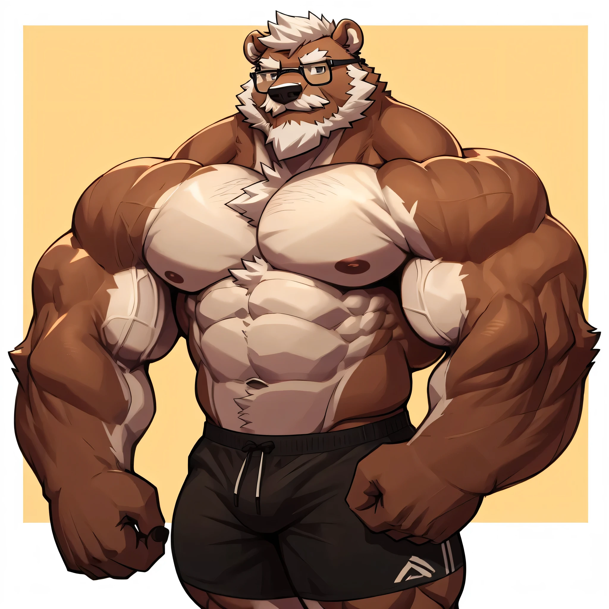 solo, 1boy, Huge Muscular Old Grizzly Bear wearing glasses , pectoral, huge pectoral, wide pectoral, short white hair, short pants and shirtless topless, bearded, Mustache, simple background, masterpiece, high detailed, 8k, high resolution, at the gym, flexes huge muscles