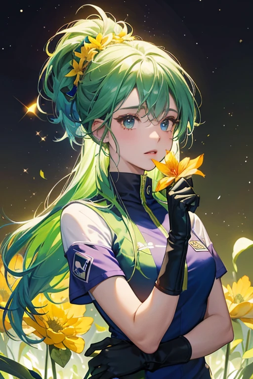 she looks like a soccer , with green grass-like hair and a yellow flower on top. sHe wears a dark blueish-purple soccer outfit and red gloves. SPARKLE; GLITTER
