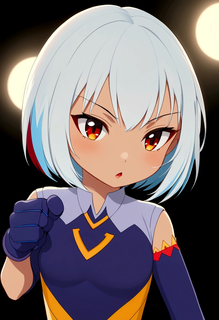 1 girl, loli, light skin, white hair, short spiky hair, blue eyes, small breasts, red headband, red short kimono, close kimono, kunoichi gloves, kunoichi shoes, :D, very Happy, detailed body, detailed face, detailed eyes, glistering body, shiny body, full body, standing,
