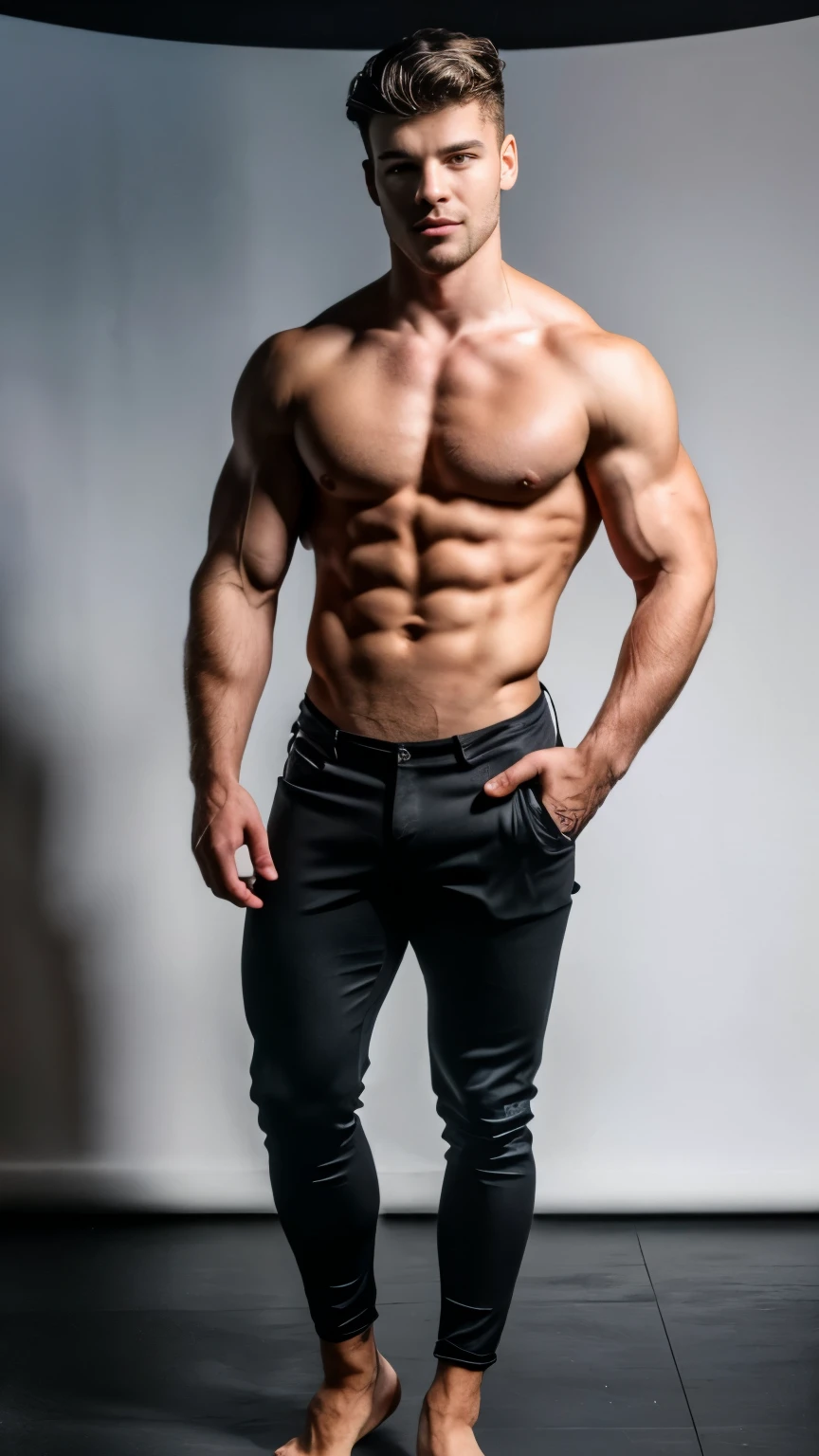 Photorealistic, ((best quality)), ((masterpiece)), (detailed),(full body shot:1.4) masculine portrait of young vampire, 18-year-old male models, handsome, tall, cute looking, evil look, dark look, powerful, young male, handsome model, clean shave, blue eyes, white pale skin, short curly messy brown hair, messy curly hair, short hair, super strong, muscular, fit, massive muscles, six pack, shirtless, barechested, half-naked, topless, muscle, ripped, strong body, fit body, great chest, amazing arms, evil fangs:,antique pants, 18th century trousers, dark castle background, Dark background:, 8k, high detailed, ultra-detailed, Stylish Pose, real skin texture, dark cinematic lighting