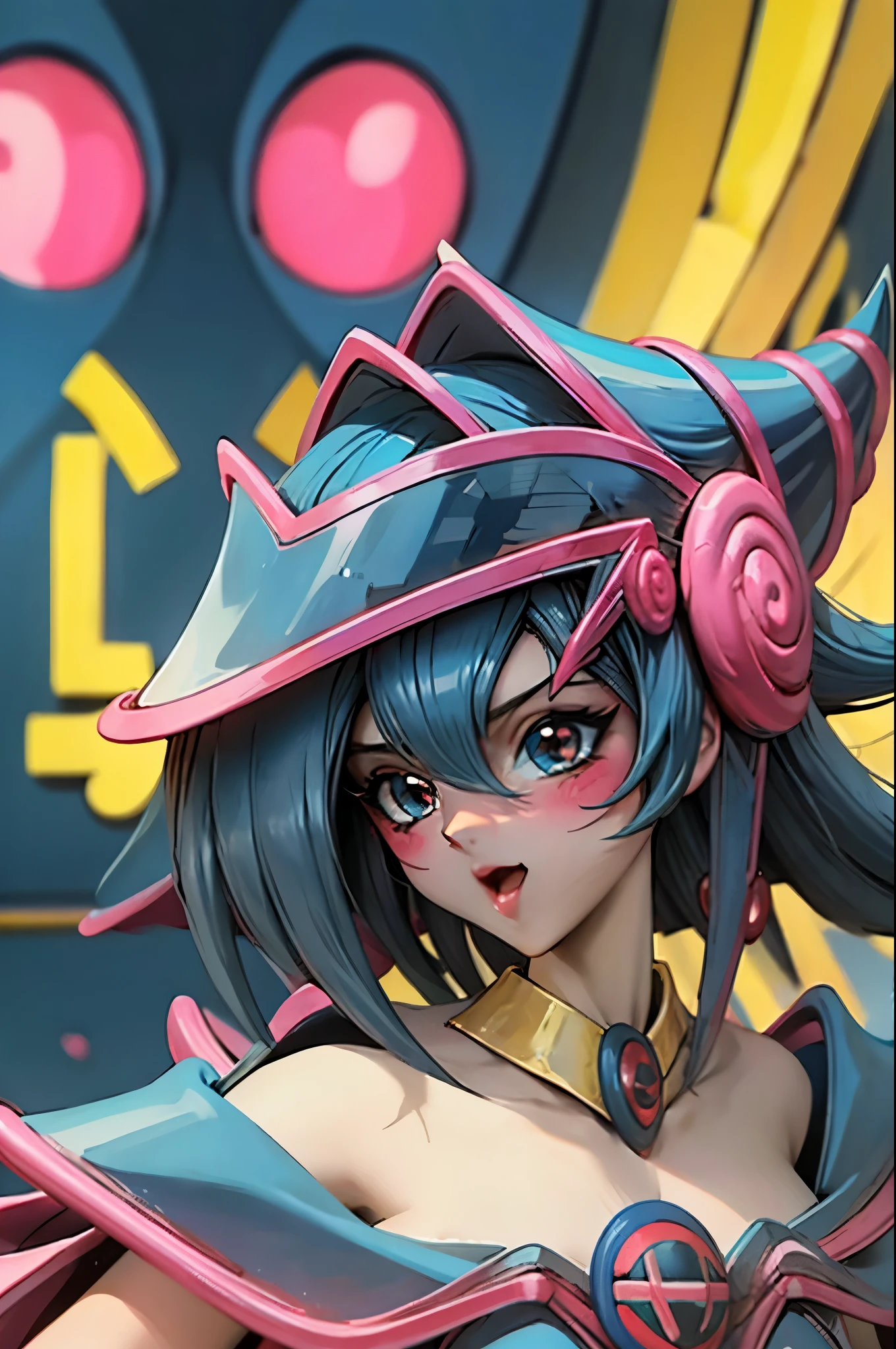 Hermoso rostro de dark magician gils, ojos azules. Labios rosados. Cabello rubio y largo. Ombros descubiertos, sonrisa angelical, hermoso rostro bien detallados de dark magician gils.