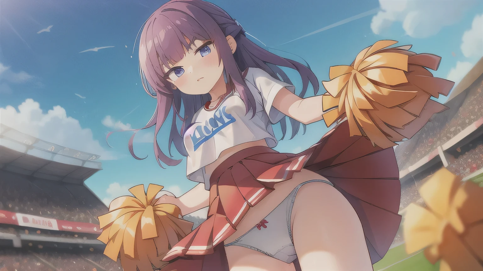 1 woman, skirts, (show off g-string detailed pantie), (hands skirt lift), from front, cowboy shot, BREAK annoyed,shoot from below,Cheerleader,baseball Ground