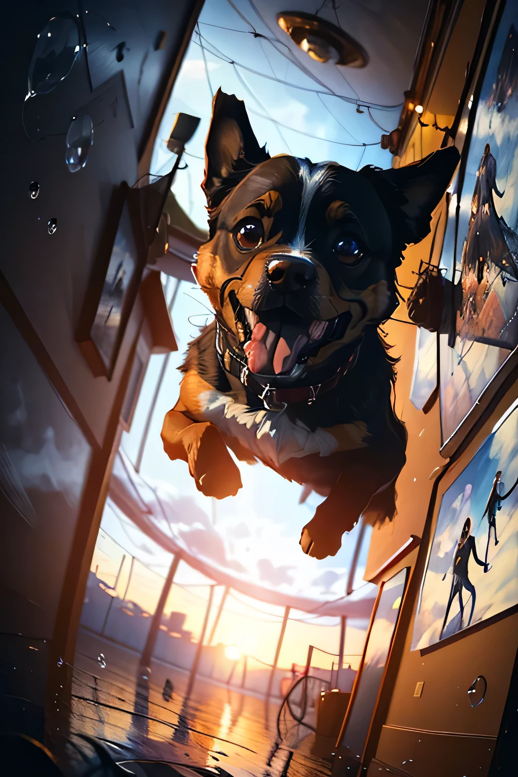 "A fisheye photograph of a dog chasing the Viewer, creates a circular and humorous composition." 
 Trending on Artstation. Hyper-realism, 16k resolution, intricate details.
(masterpiece, award-winning work of art)
a lot of details, extremely detailed, full of details,
Wide color gamut, high dynamics
 RAL-ERTMSPHR